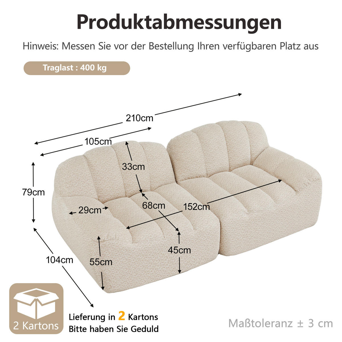 2-SITZER-SOFA DE-34312 Muschelform Beige - Beige, Textil (104/79/210cm) - ComfortXL