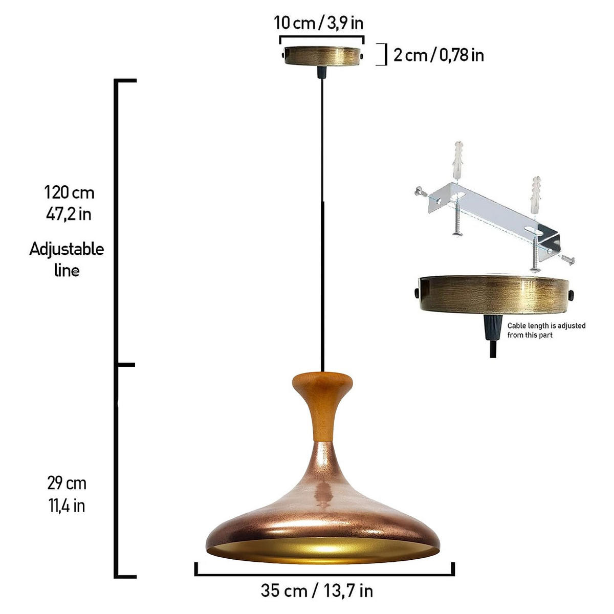 PENDELLEUCHTE Champion Pilz-Holz 35/29 cm - Goldfarben/Kupferfarben, Holz/Metall (35/29cm) - Bamyum