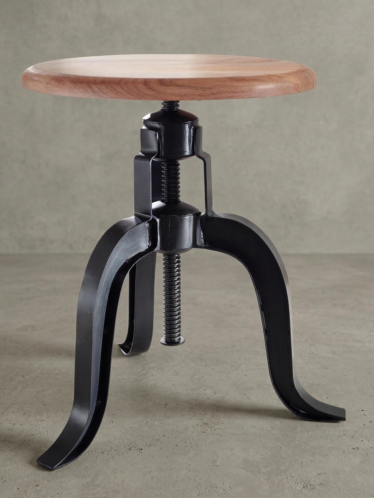 DREHHOCKER – Akazie Massivholz/Eisen, höhenverstellbar, Industrial-Stil - Schwarz/Braun, Holz/Metall (39/48/39cm) - KADIMA DESIGN
