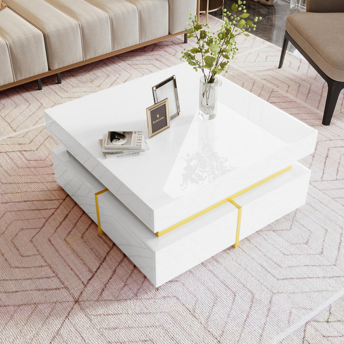 COUCHTISCH Hochglanz mit Schubladen Gold Akzenten Weiß - Weiß, Holz (83/81/17cm) - FLIEKS