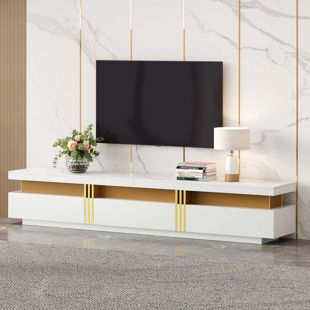 TV-ELEMENT 200/40/42 cm Marmoroptik mit 3 Schubladen und Kabelmanagement - Weiß, Holzwerkstoff (40/42/200cm) - Korfee