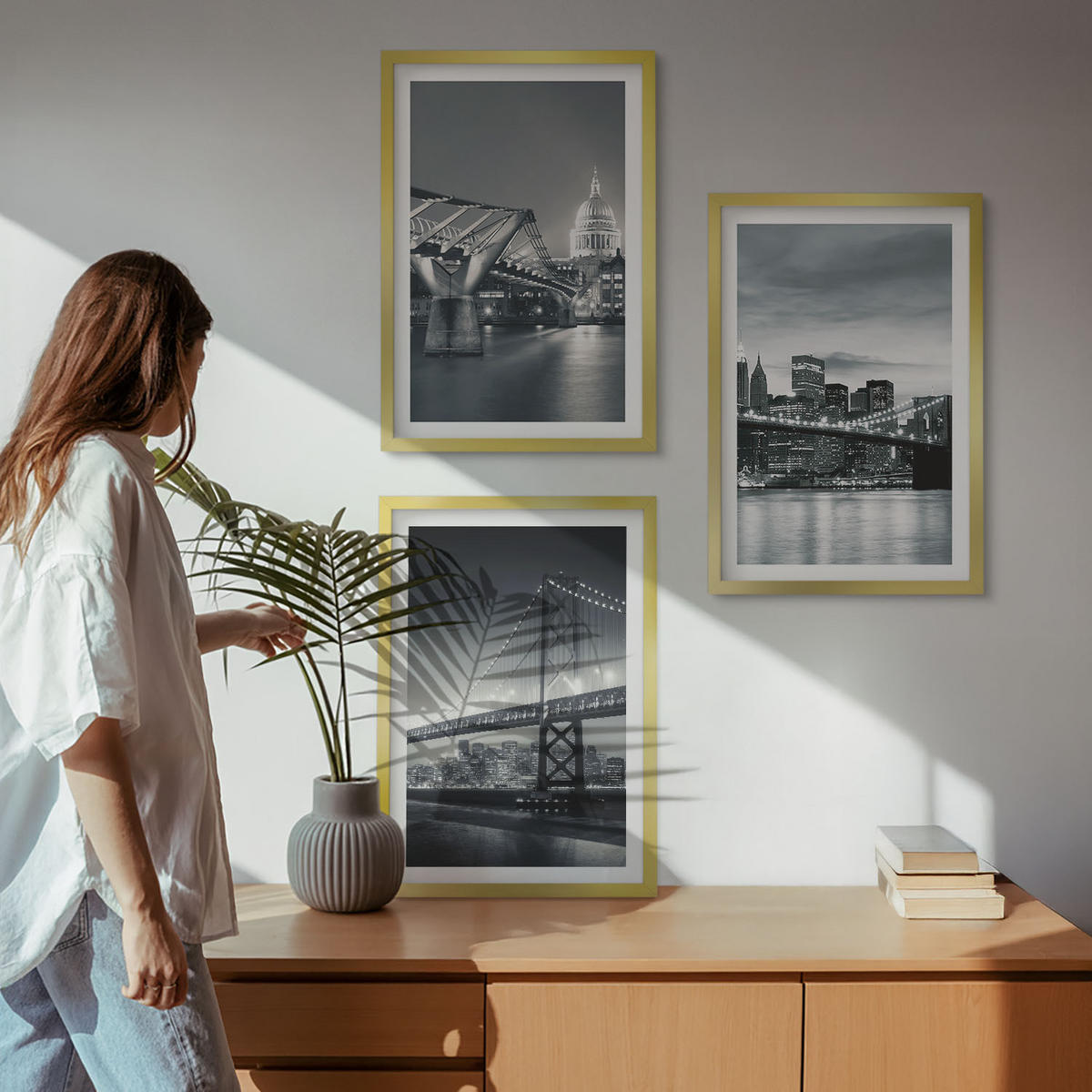 BILDER SET 3er Set - 40x60 cm Goldrahmen - Brücken, Stadtarchitektur, Grau - Goldfarben, Kunststoff (40/60cm) - TULUP