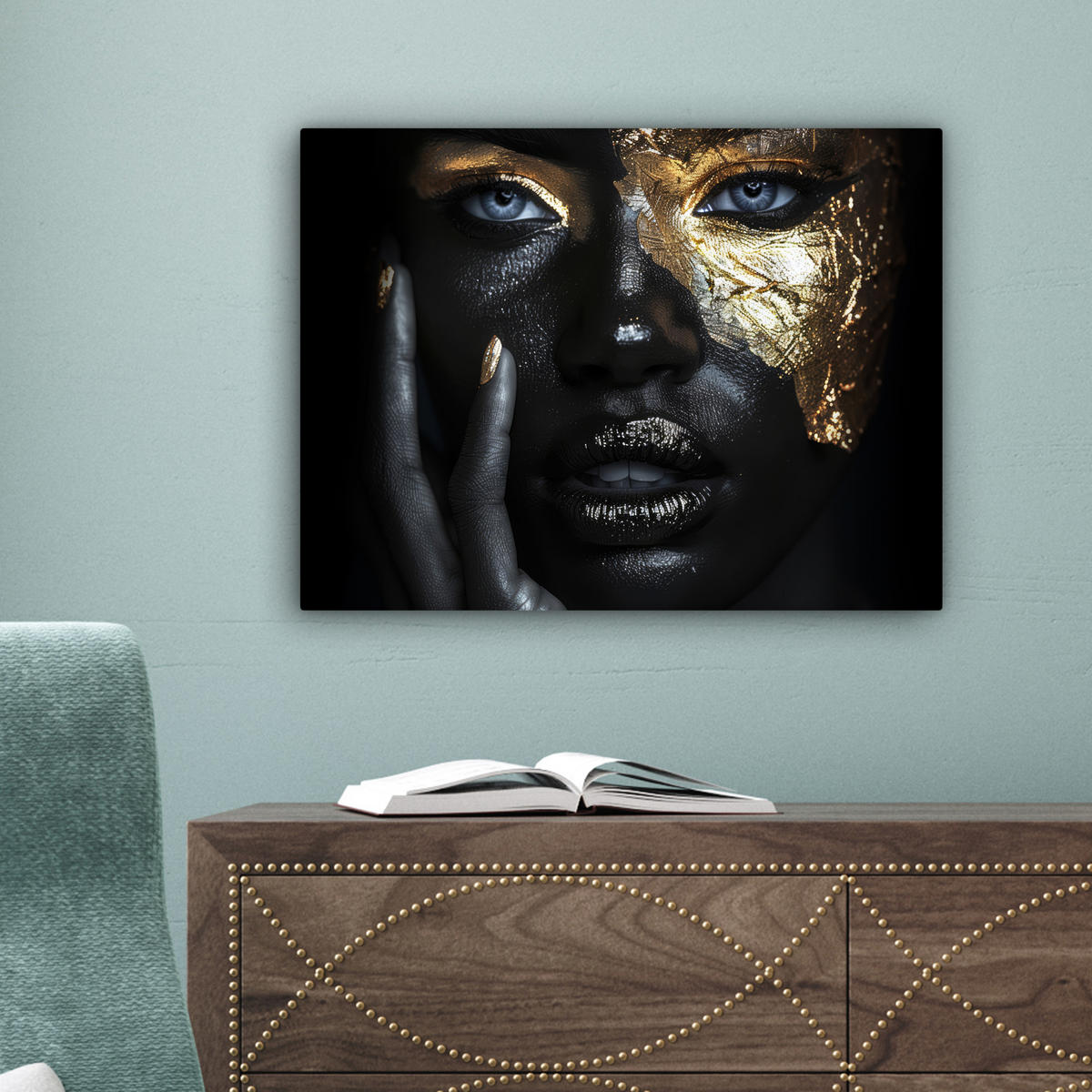 LEINWANDBILD Frau - Gold - Porträt - Schwarz-Weiß - Luxus Wandbild 40x30 cm - Hellblau, Textil (40/30cm) - MuchoWow