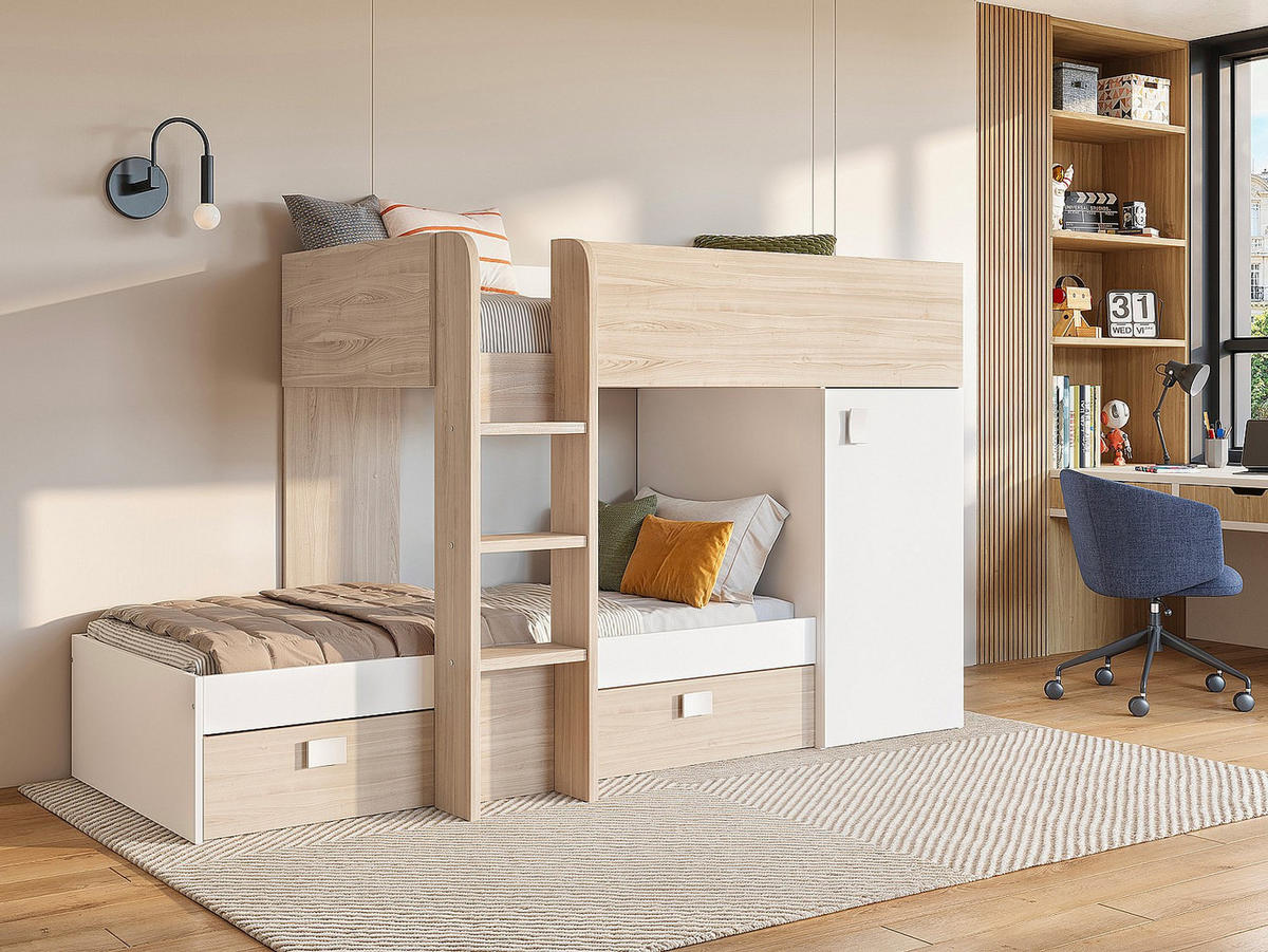 ECK-HOCHBETT modulierbar - 2 x 90 x 190 cm - mit Stauraum - Holzfarben & Weiß + Matratze - RICARDO - Naturfarben/Weiß, Holz (111/255cm) - Vente-Unique