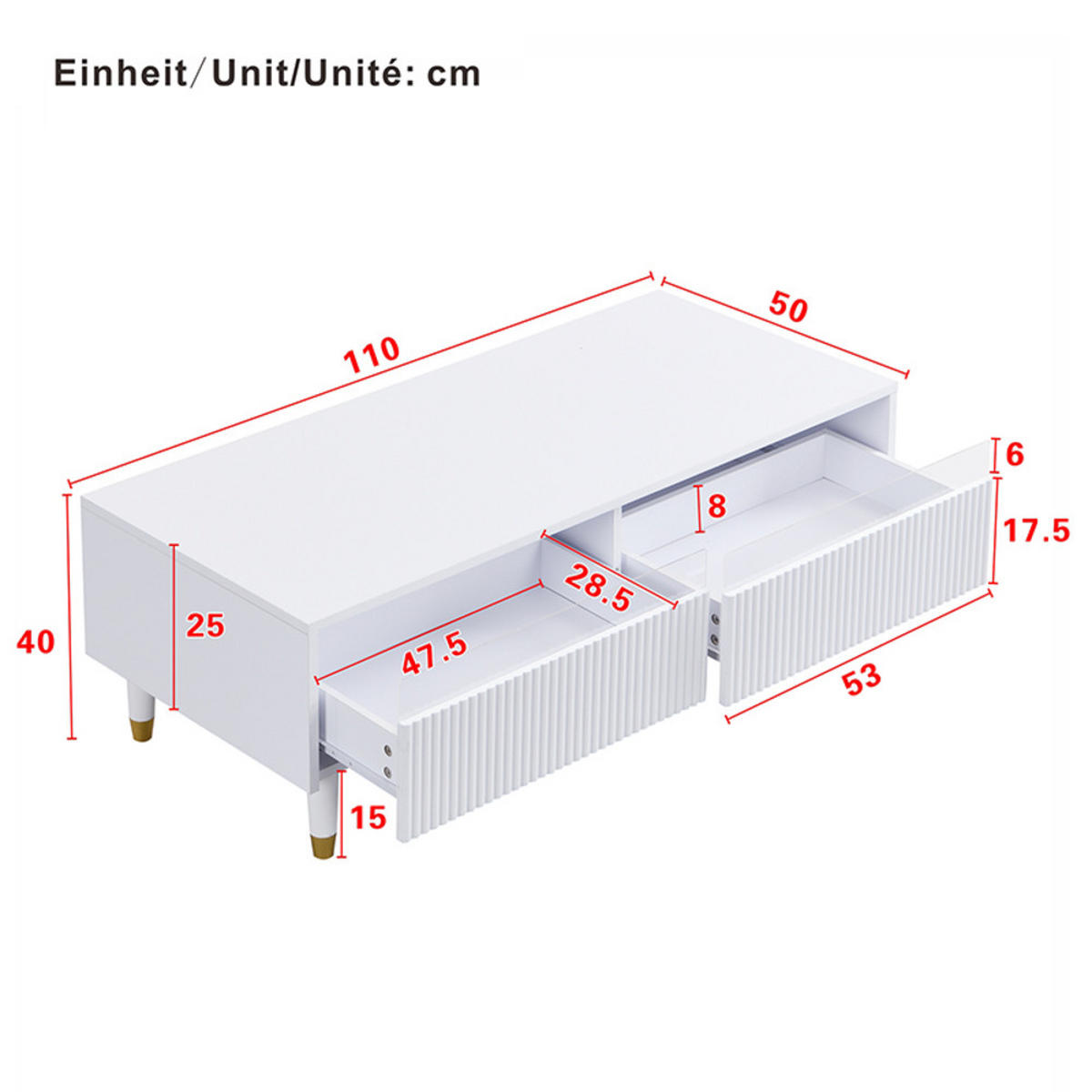 TV Ständer und Couchtisch mit Schubladen Mit Modernes LED Möbelset - Weiß, Holz (43.18/45/187.96cm) - FLIEKS