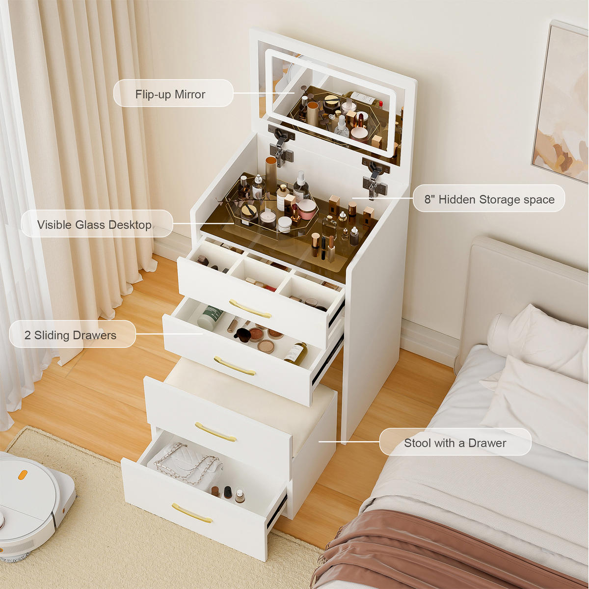 SCHMINKTISCH 3-in-1 Nachttisch (60 cm) in Weiß mit Klappspiegel, Glasplatte & Hocker - Weiß, Holzwerkstoff/Metall (60/118/40cm) - Urban Meuble