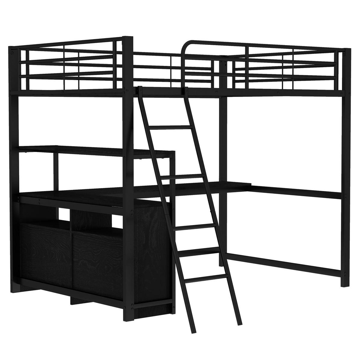 HOCHBETT 140/200 cm mit L-förmigem Schreibtisch, Schubladen und Eisenrahmen aus MDF, Schwarz - Schwarz, Metall (140/200cm) - Redom