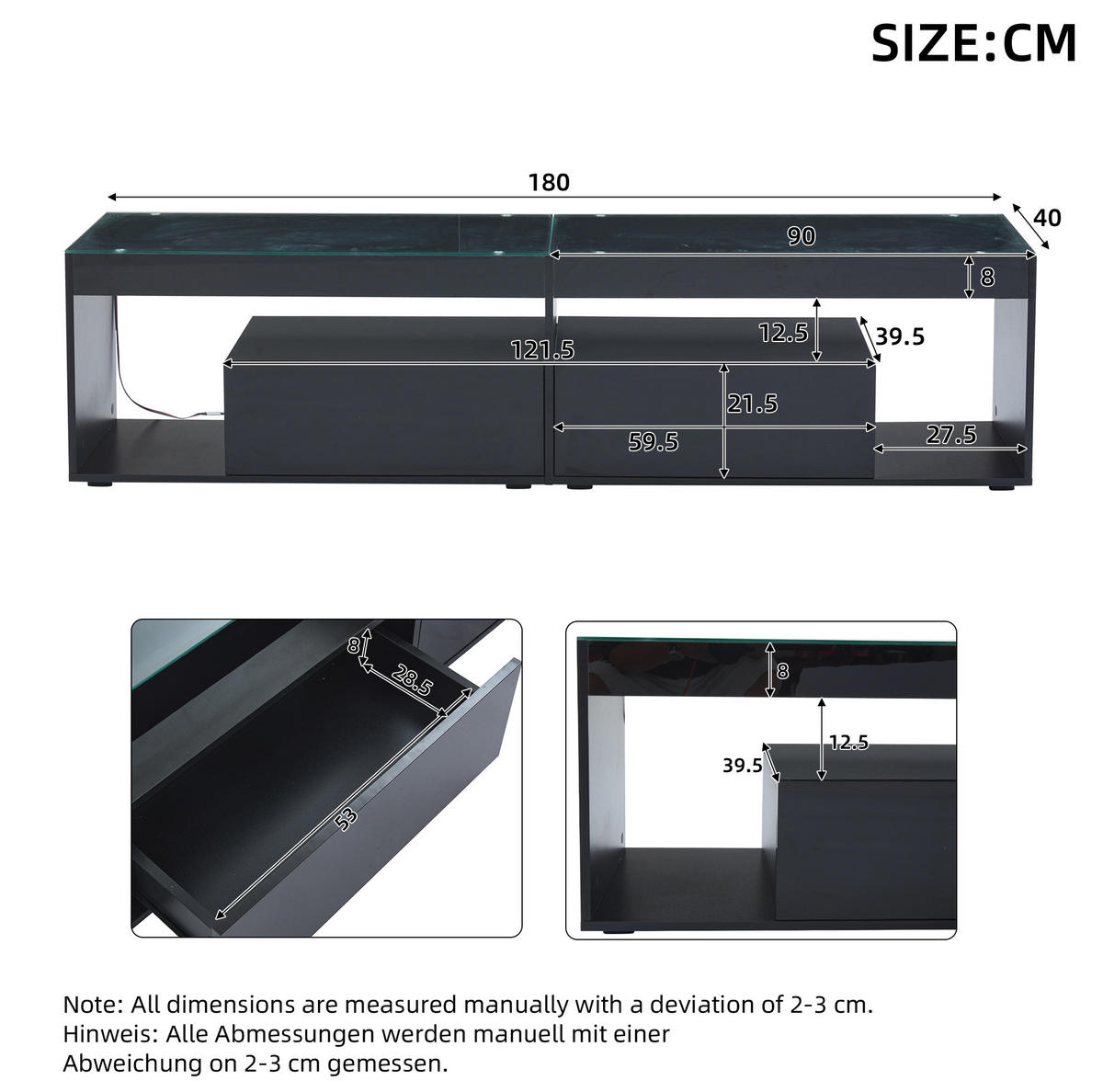 TV-SCHRANK 180/40/46 cm schwarz aus Spanplatte mit LED - Schwarz, Holzwerkstoff (180/46/40cm) - OKWISH