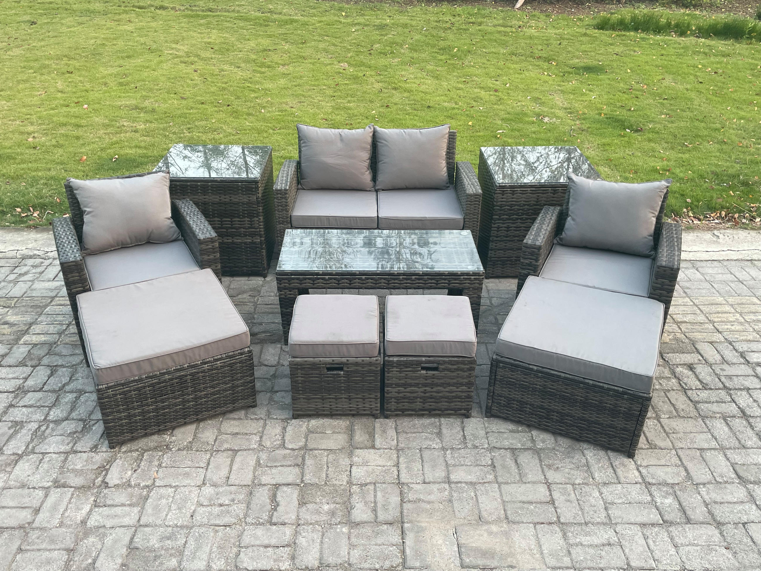 GARTENMÖBEL Set Polyrattan Dunkelgrau 8-Sitzer - Dunkelgrau, Metall - Fimous