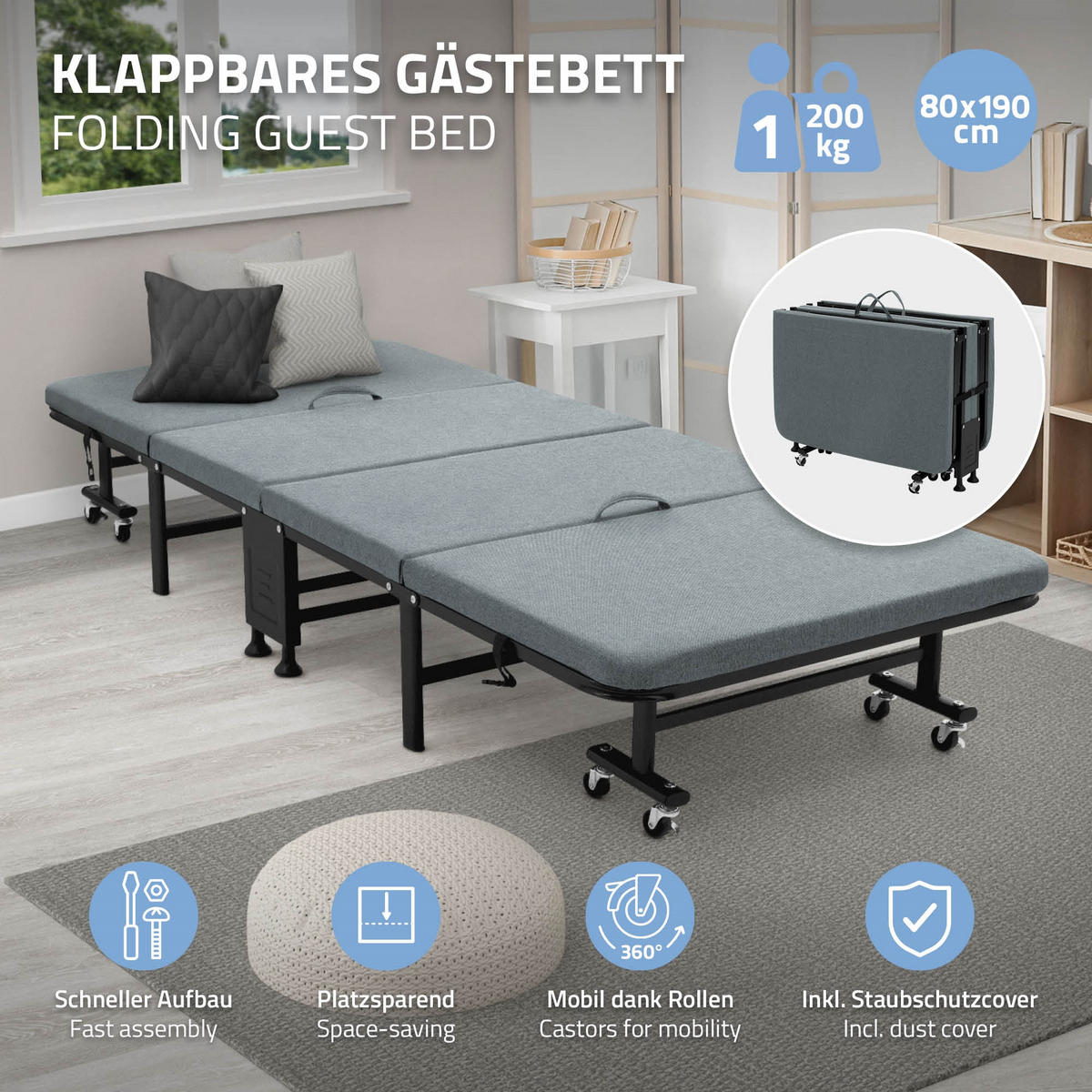 SKLÁDACÍ POSTEL PRO HOSTY 80 x 190 cm z kovu - šedá, dřevo (90/200cm) - ECD-Germany