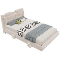 KINDER-POLSTERBETT aus Flanell 140x200 cm Beige im Auto-Design mit höhenverstellbarem Kopfteil - Beige, Textil (140/200cm) - Modfu