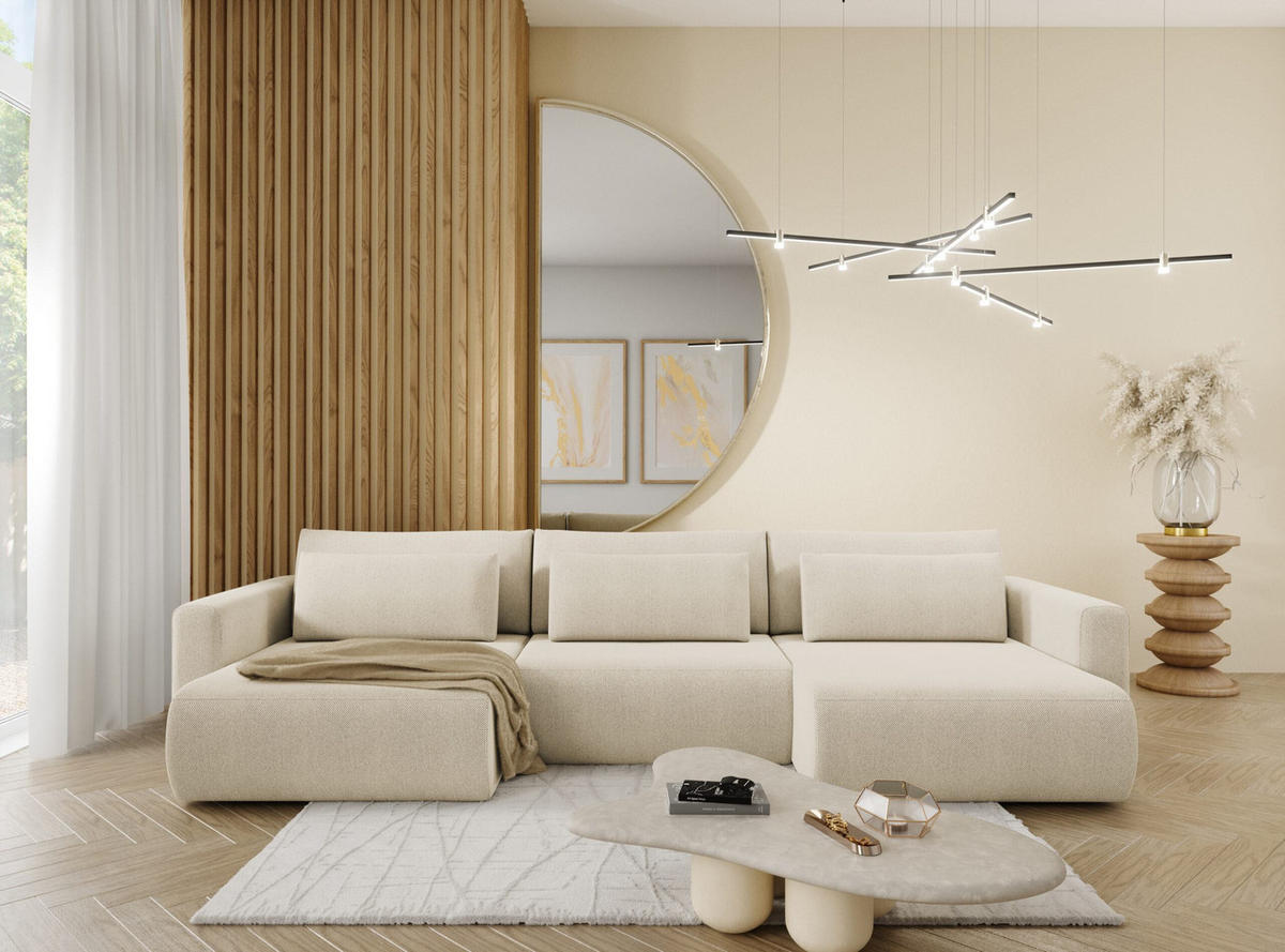 WOHNLANDSCHAFT mit Schlaffunktion U Beige - Beige, Textil (340/70/149cm) - Furnisell
