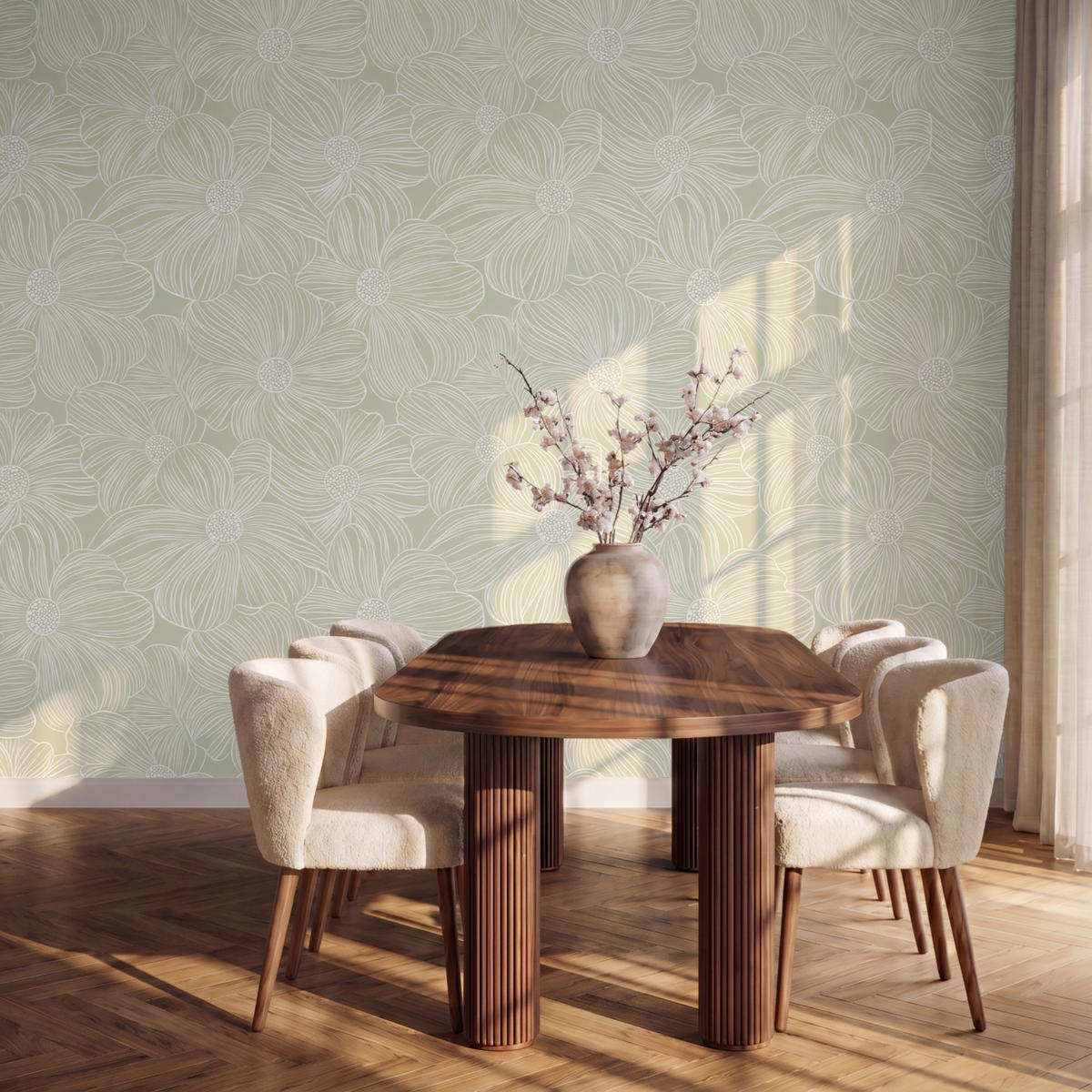 TAPETE - Gelassenheit - Blumen - Grün - 300x220 cm - Salbeigrün, Papier (300/220cm) - OnlyWow