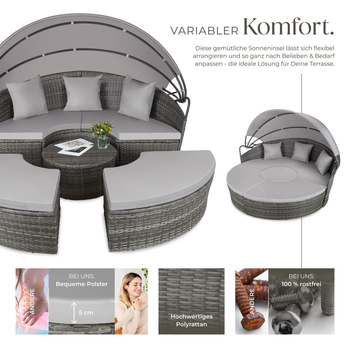 RATTAN SONNENINSEL Santorin,variabel aufstellbar,grau - Grau, Kunststoff (171/136/175cm) - tectake