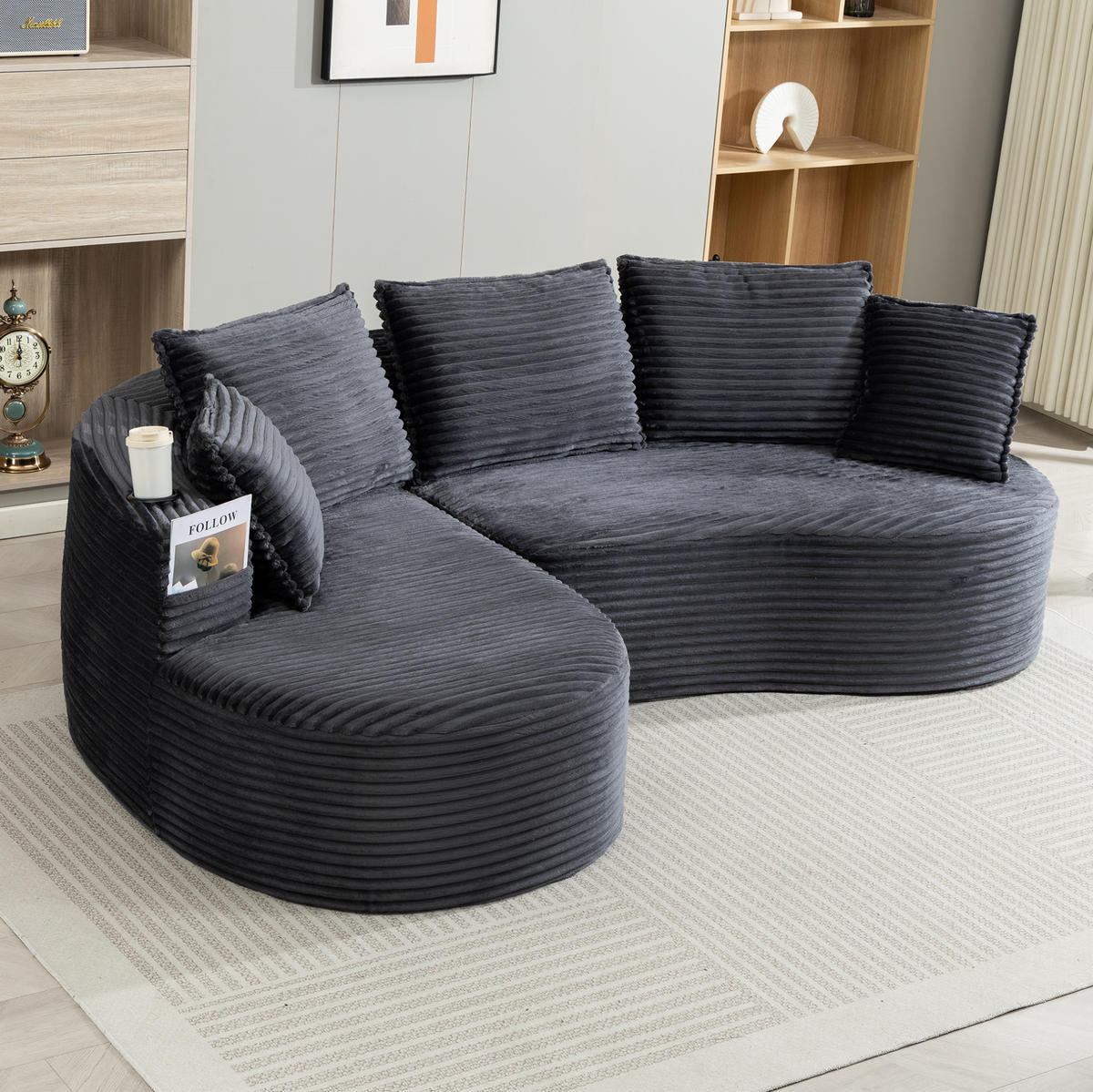 ECKSOFA aus Cord 250x152x82 cm Dunkelgrau mit Getränkehaltern, Seitentaschen und Kissen im Bogendesign - Dunkelgrau, Textil (250/152cm) - Modfu
