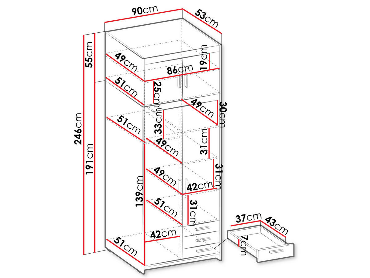 KLEIDERSCHRANK Elena 2D3S + Schrankaufsatz - Silberfarben/Sonoma Eiche, Holzwerkstoff/Kunststoff (90/246/53cm) - MIRJAN24