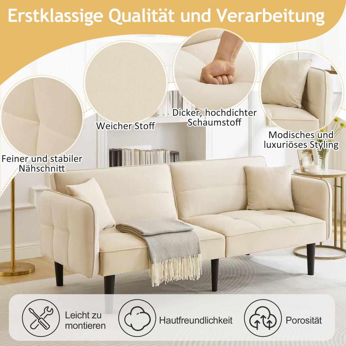 SCHLAFSOFA aus Samtstoff Beige mit verstellbaren Rückenlehnen, klappbaren Armlehnen und Schlaffunktion - Beige, Kunststoff (176/76/78cm) - Modfu