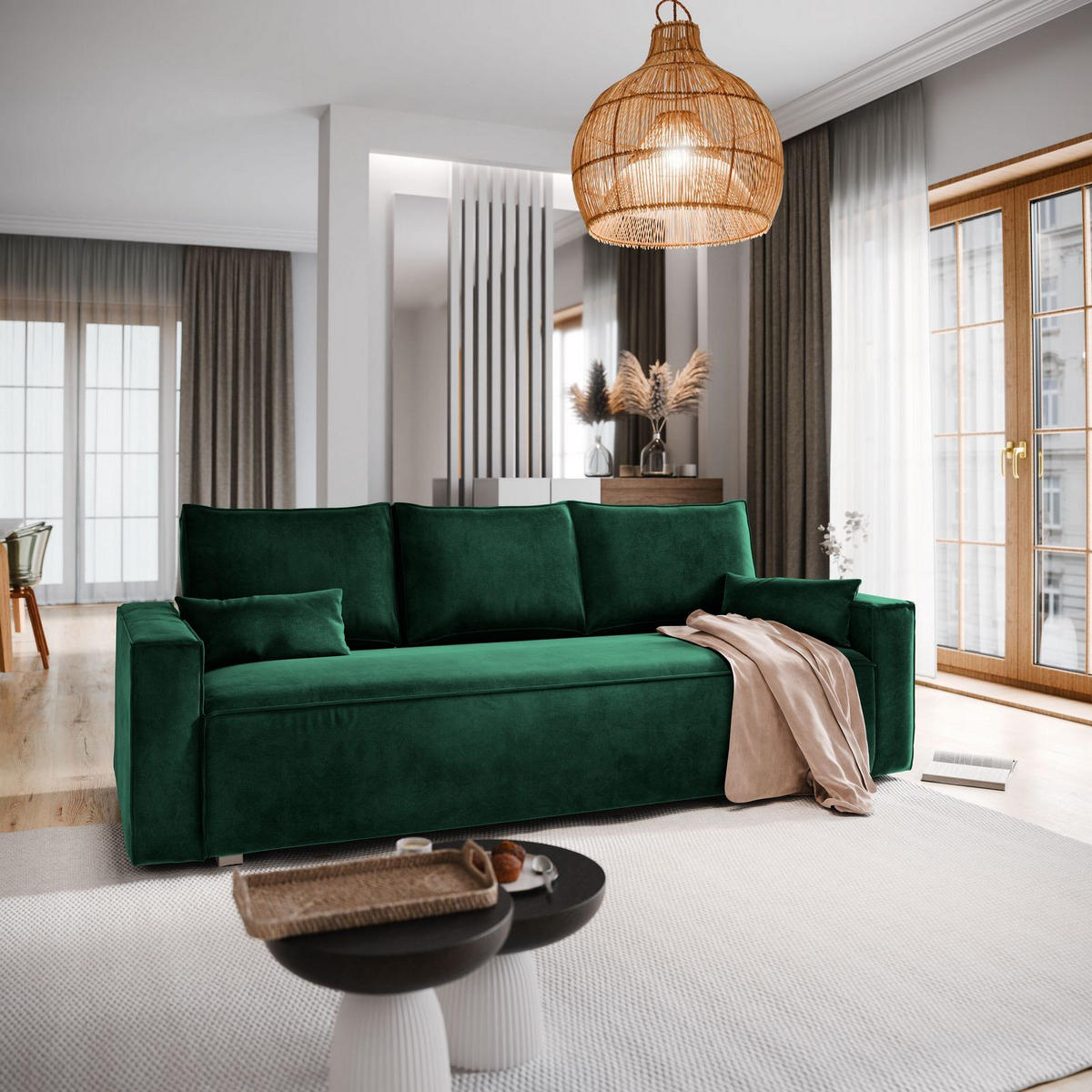 BETTSOFA ALATRI Grün Velours-Stoff mit Schlaffunktion - Grün, Textil (230/85/87cm) - MASSENO