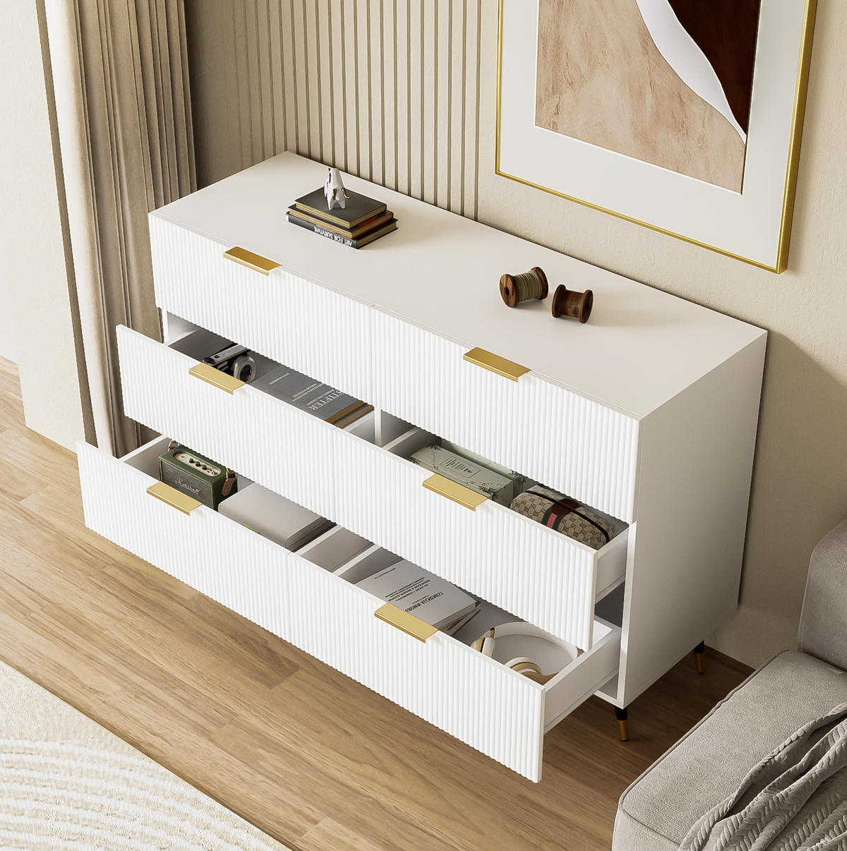 SIDEBOARD 120/40/77 cm mit 6 Schubladen in Weiß und Gold - Weiß, Holzwerkstoff (120/77/40cm) - BEAOK