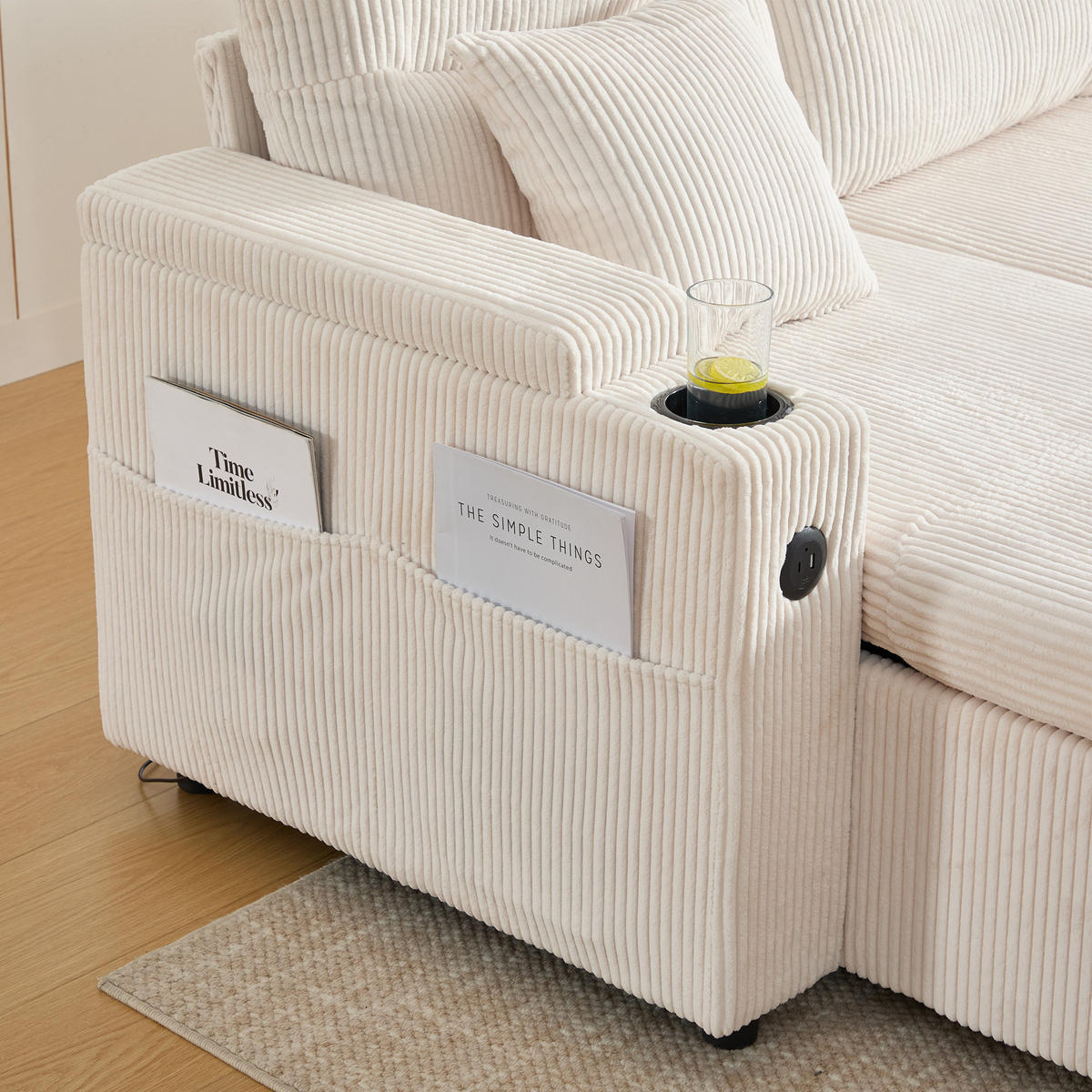 4-SITZER SOFA Cord Beige mit Stauraum, USB-Type-C und Getränkehaltern - Beige, Holzwerkstoff/Textil (272/86/136cm) - WISHDOR