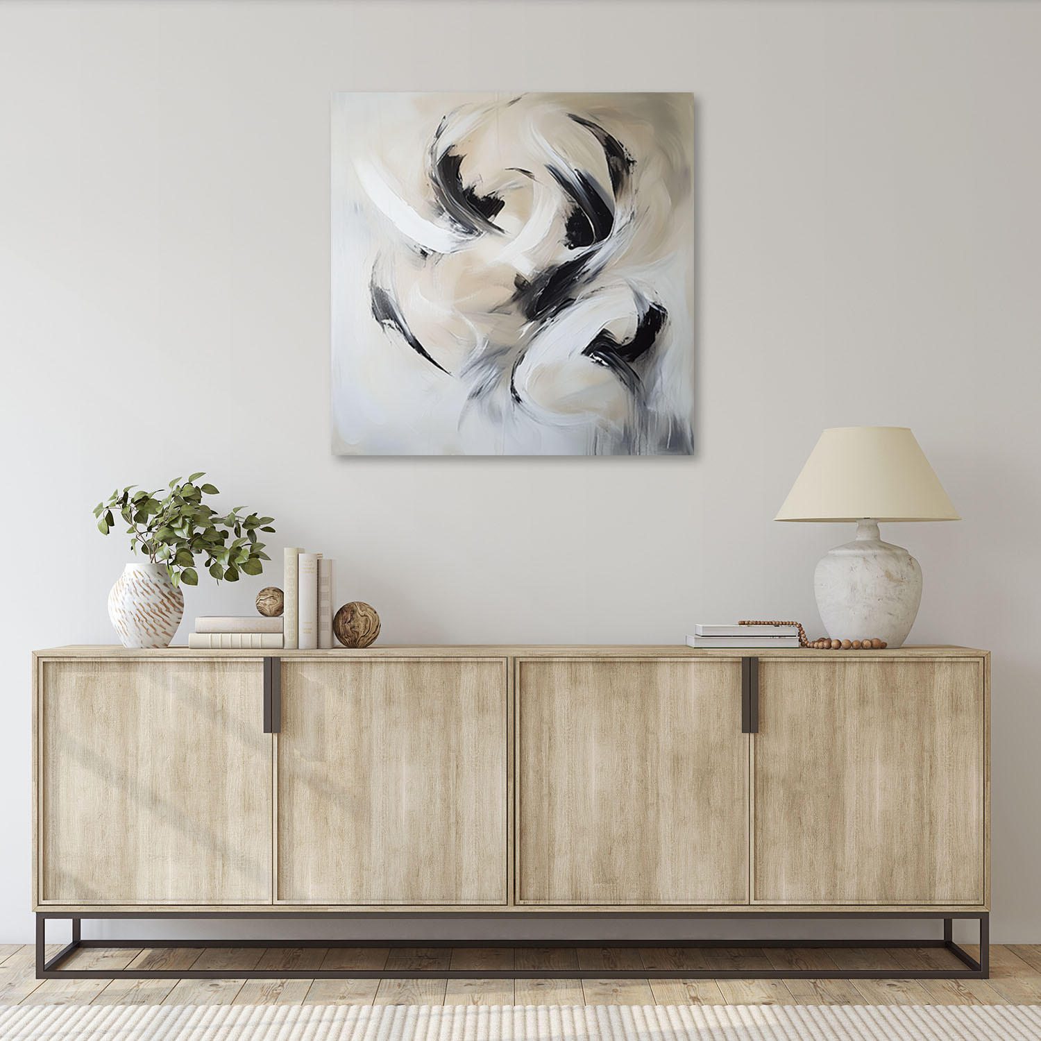 LEINWANDBILD Abstrakte beige-schwarze Imitation Farbe 50x50cm - Grau, Textil (50/50cm) - Feeby