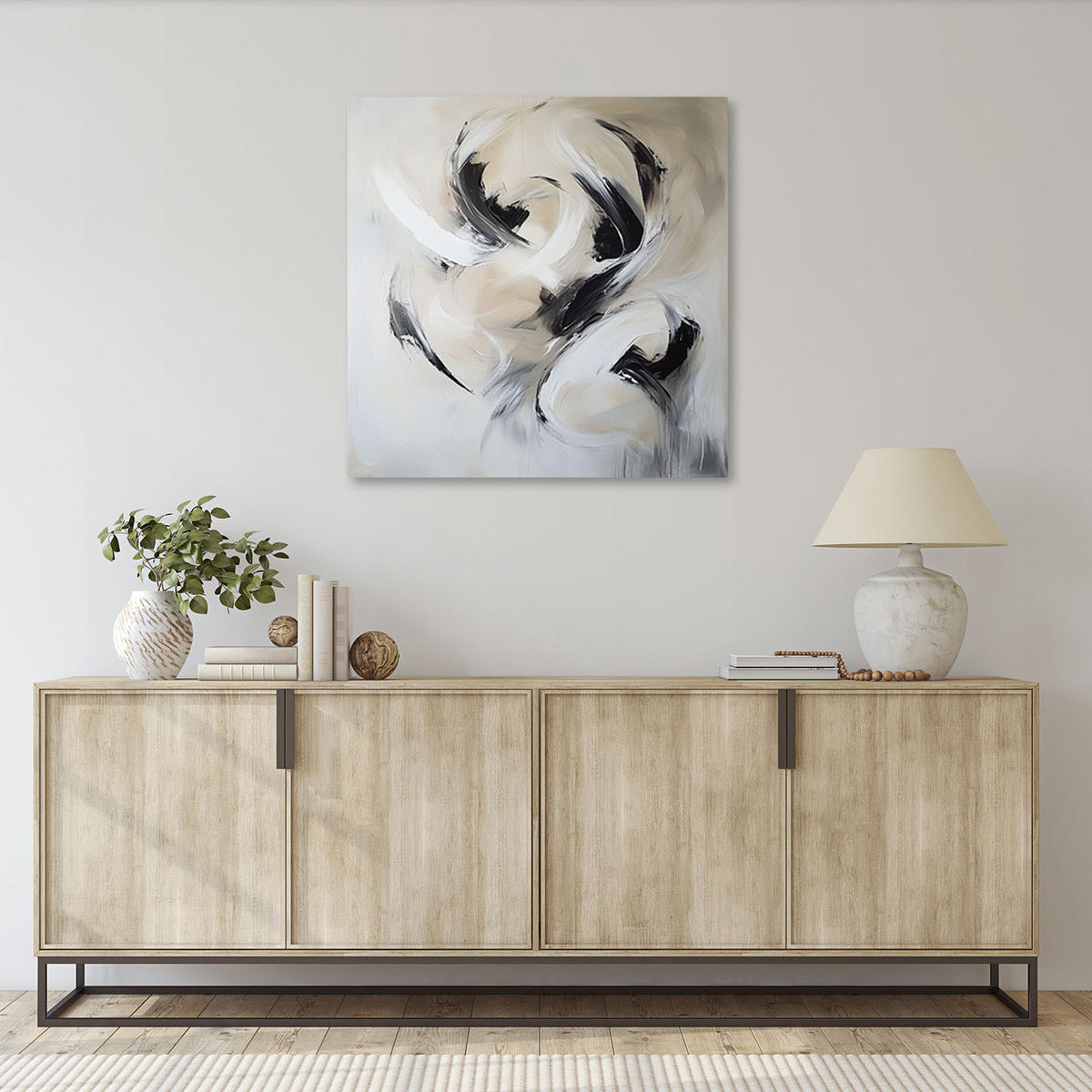 LEINWANDBILD Abstrakte beige-schwarze Imitation Farbe 50x50cm - Grau, Textil (50/50cm) - Feeby