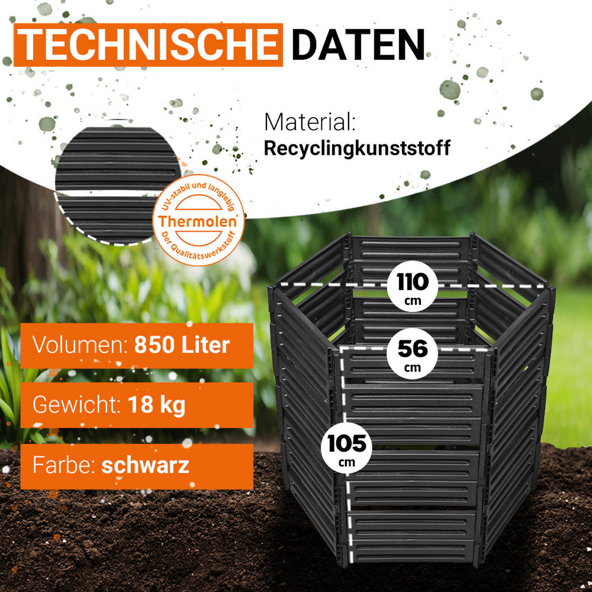STECKKOMPOSTER 850 L, schwarz - Schwarz, Kunststoff (111/105/111cm) - GARANTIA