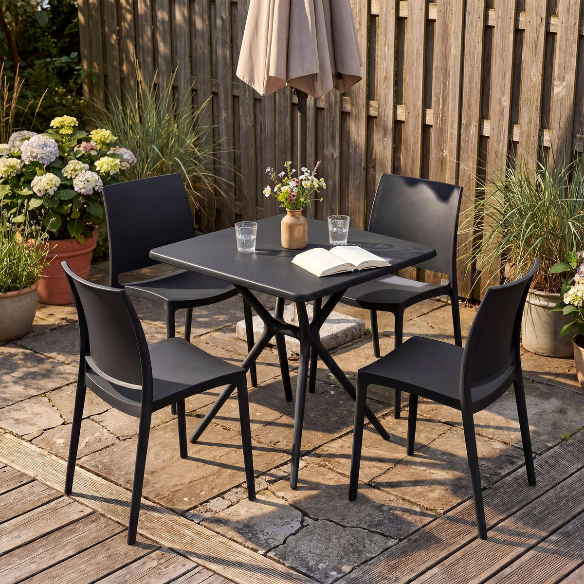GARTENMÖBEL-SET Greta 4 Stühle 156x156x81cm Kunststoff Schwarz Balkonset - Schwarz, Kunststoff - DELUKE