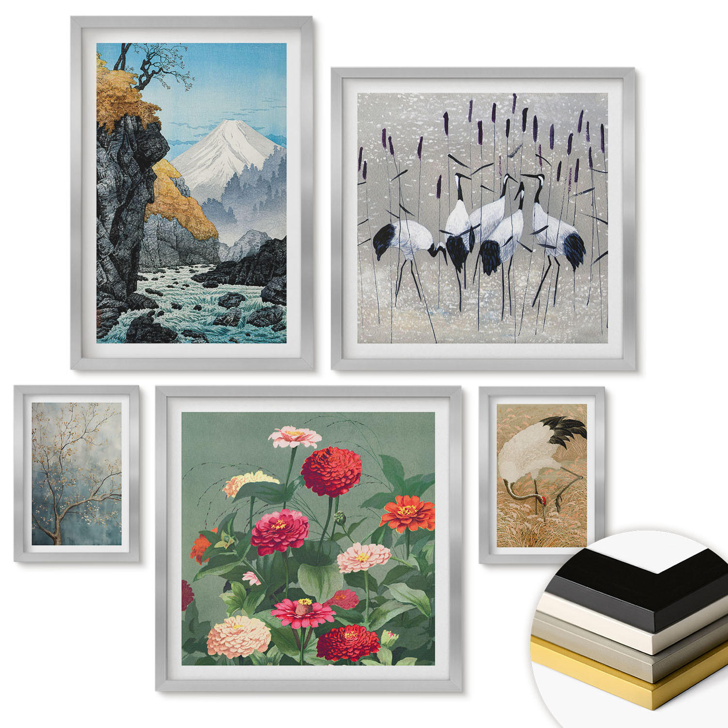 WANDBILDER 5er Set - 50x50 cm & 20x30 cm & 40x60 cm Silberner Rahmen - Berge, Fluss, Blumen, Kraniche - Silberfarben, Kunststoff (40/60cm) - ArtPrintCave