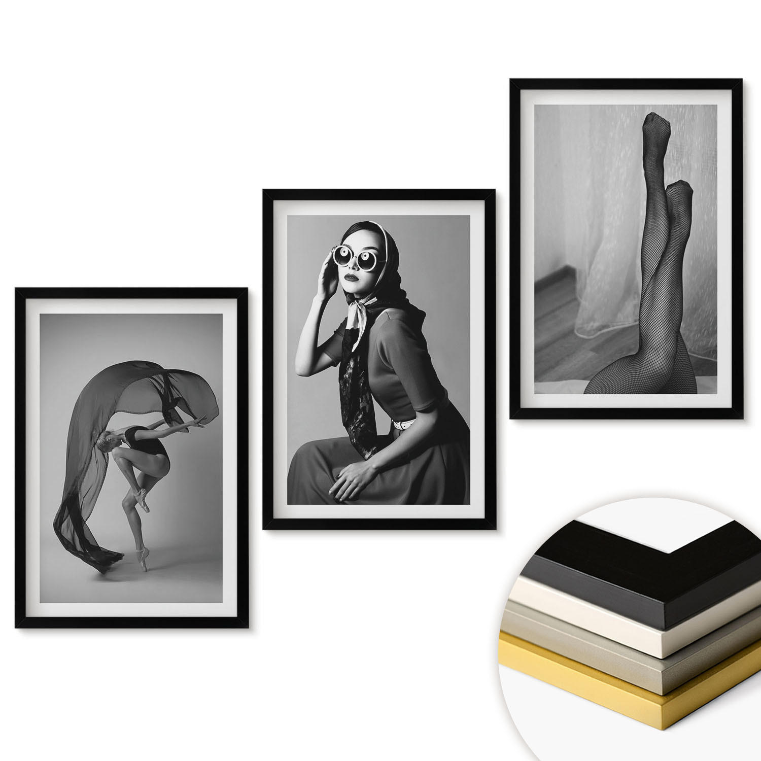 WANDBILDER 3er-Set - 40x60 cm Schwarzer Rahmen - Schwarz-Weiß-Porträts von Frauen - Schwarz, Kunststoff (40/60cm) - ArtPrintCave