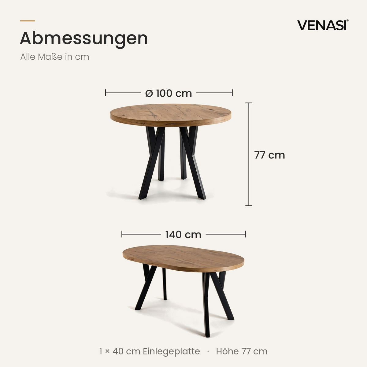 ESSTISCH ausziehbar rund 100-140 cm ATO Lancelot, Auszugstisch mit Einlegeplatte - Honigeiche/Schwarz, Holzwerkstoff (100/100/77cm) - VENASI MÖBEL