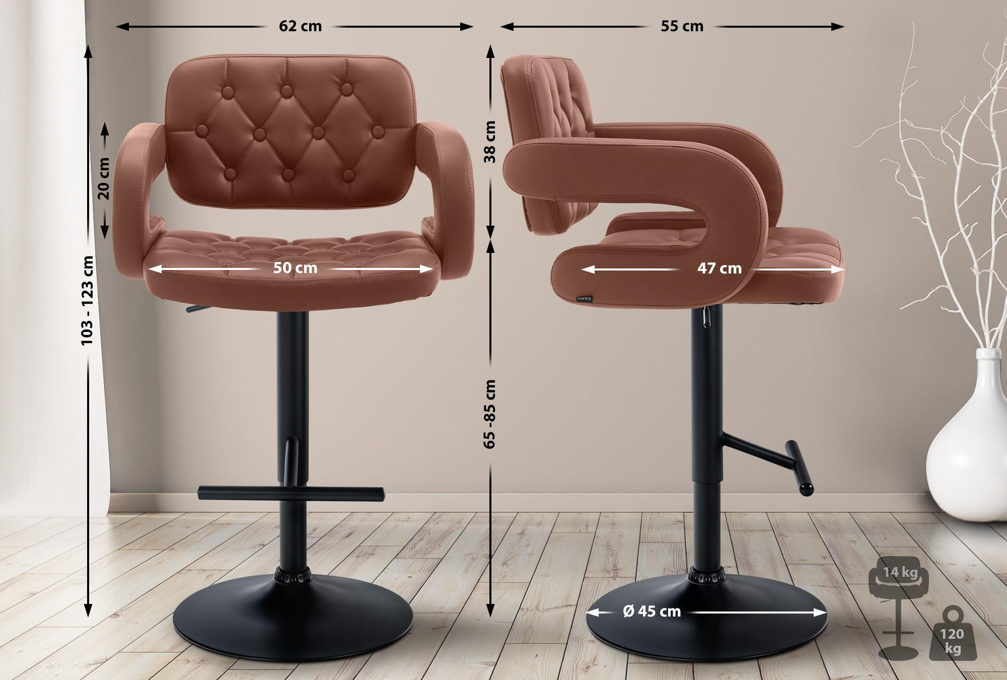 BARHOCKER Lederlook cognac - Cognac/Schwarz, Textil/Metall (62/103/55cm) - CLP