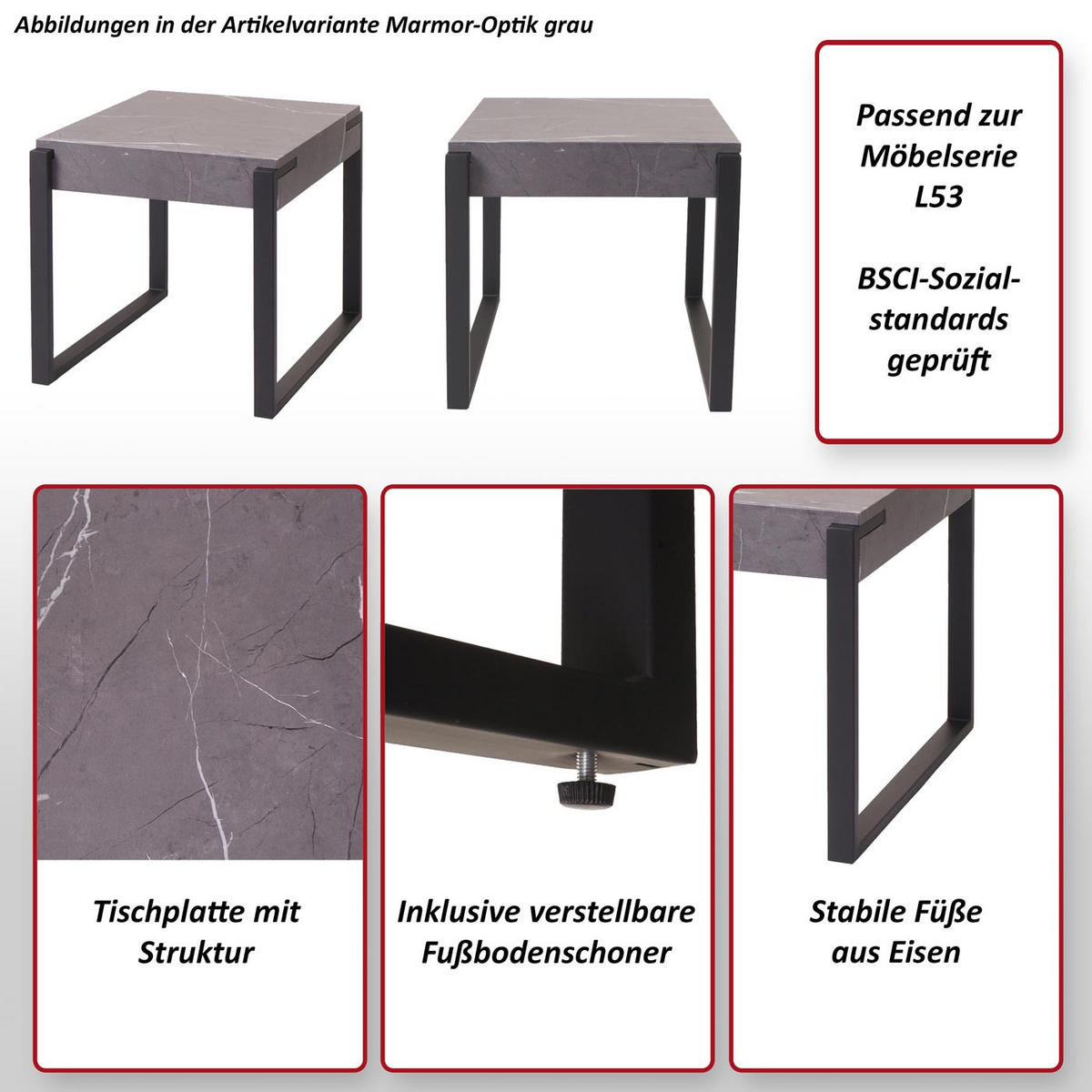 BEISTELLTISCH quadratisch Grau - Grau, Holz (54/50/51cm) - MCW