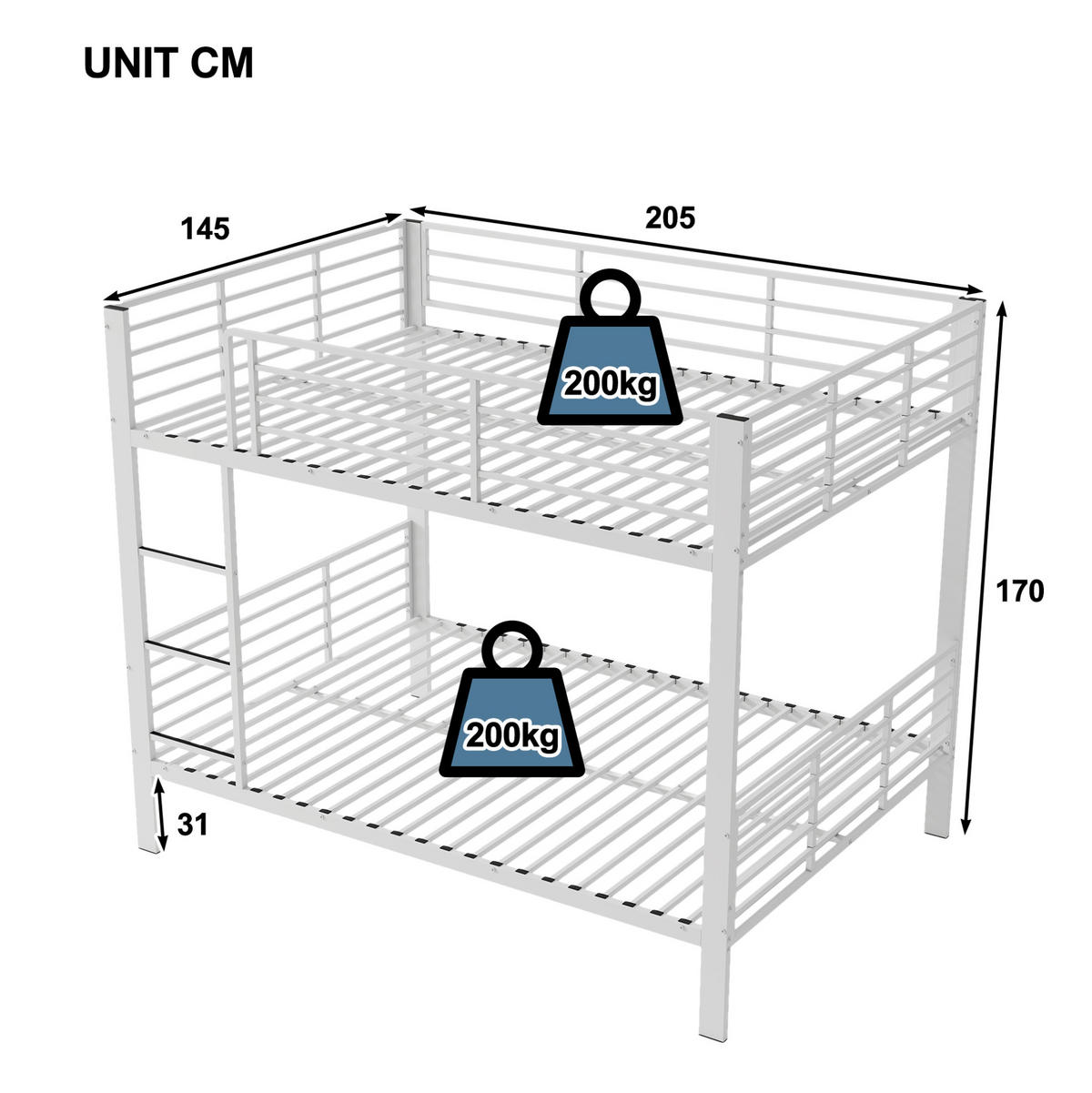ETAGENBETT 140/200 cm aus Metall mit Rausfallschutz, geräuschlos, Mattweiß - Weiß, Metall (140/200cm) - OKMYHOME