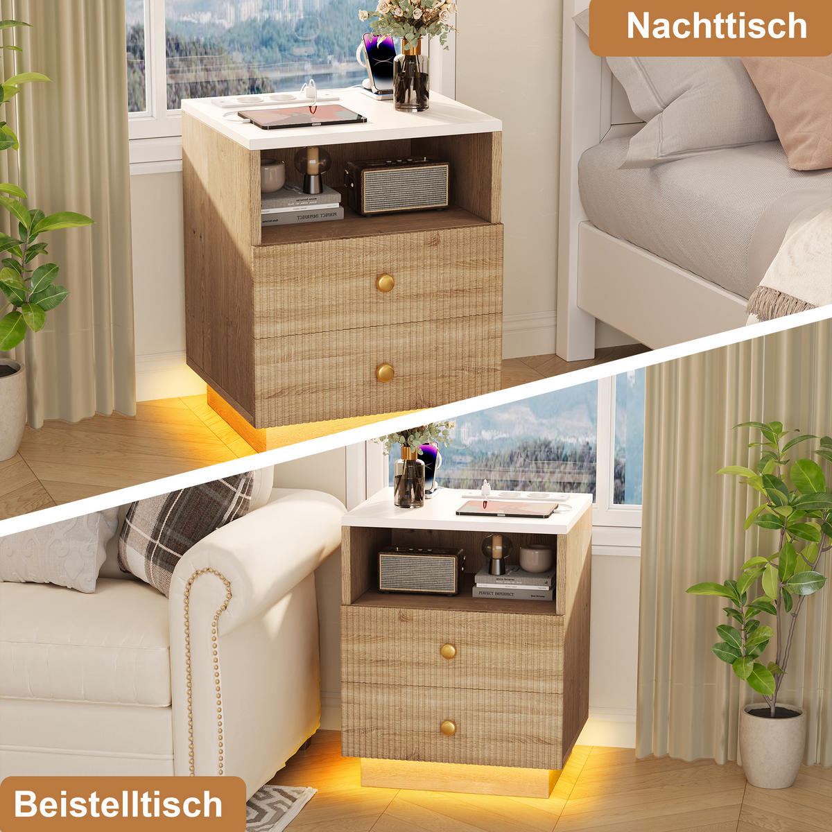 NACHTTISCH Eichenoptik mit LED-Licht & Ladefunktion (2er Set) - Eichefarben, Holzwerkstoff (38/55/44cm) - SHOPENTRA