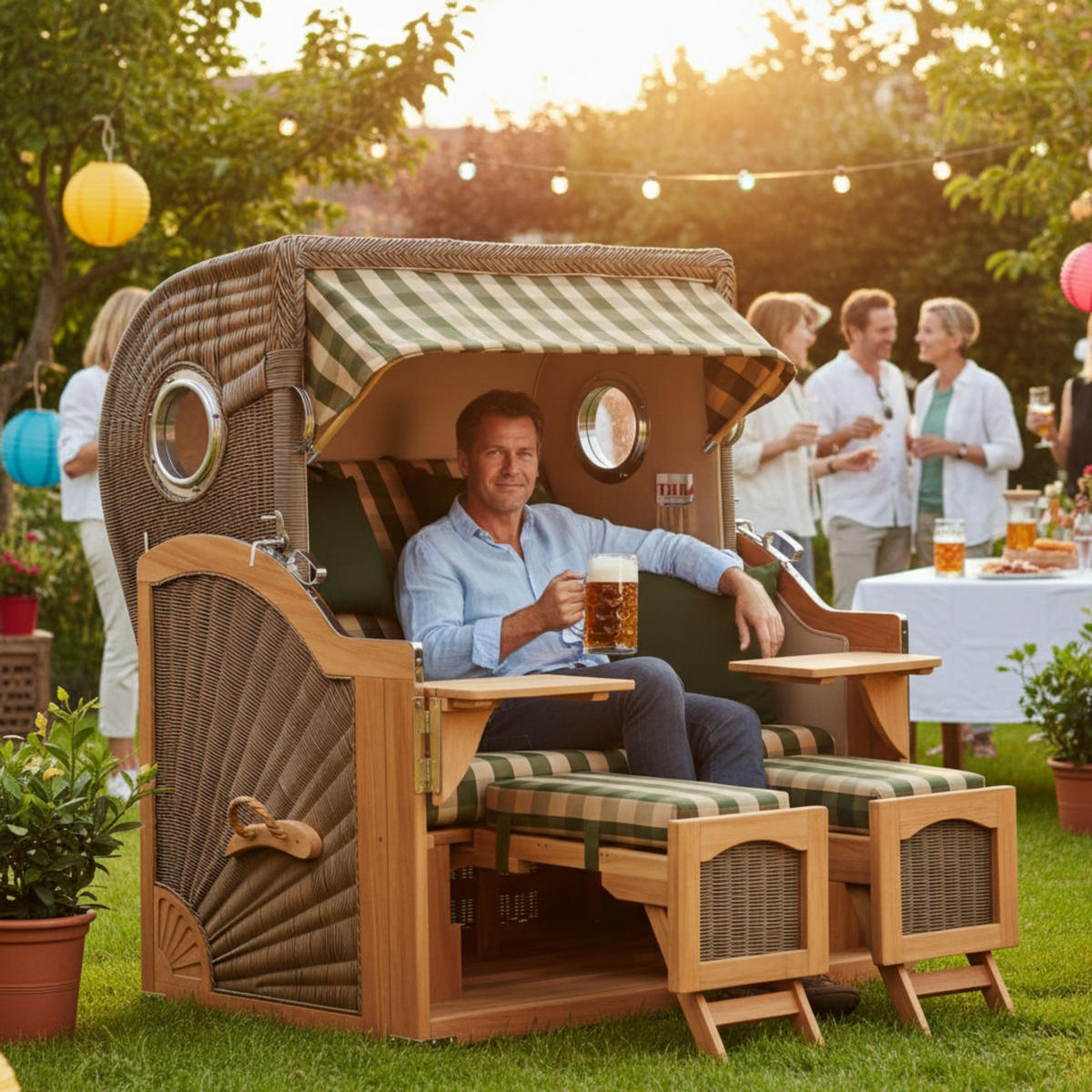 STRANDKORB Düne Grande Bullauge Teak PE Grey Dessin 506 - Braun/Grau, Metall (142/170/95cm) - Mr. Deko