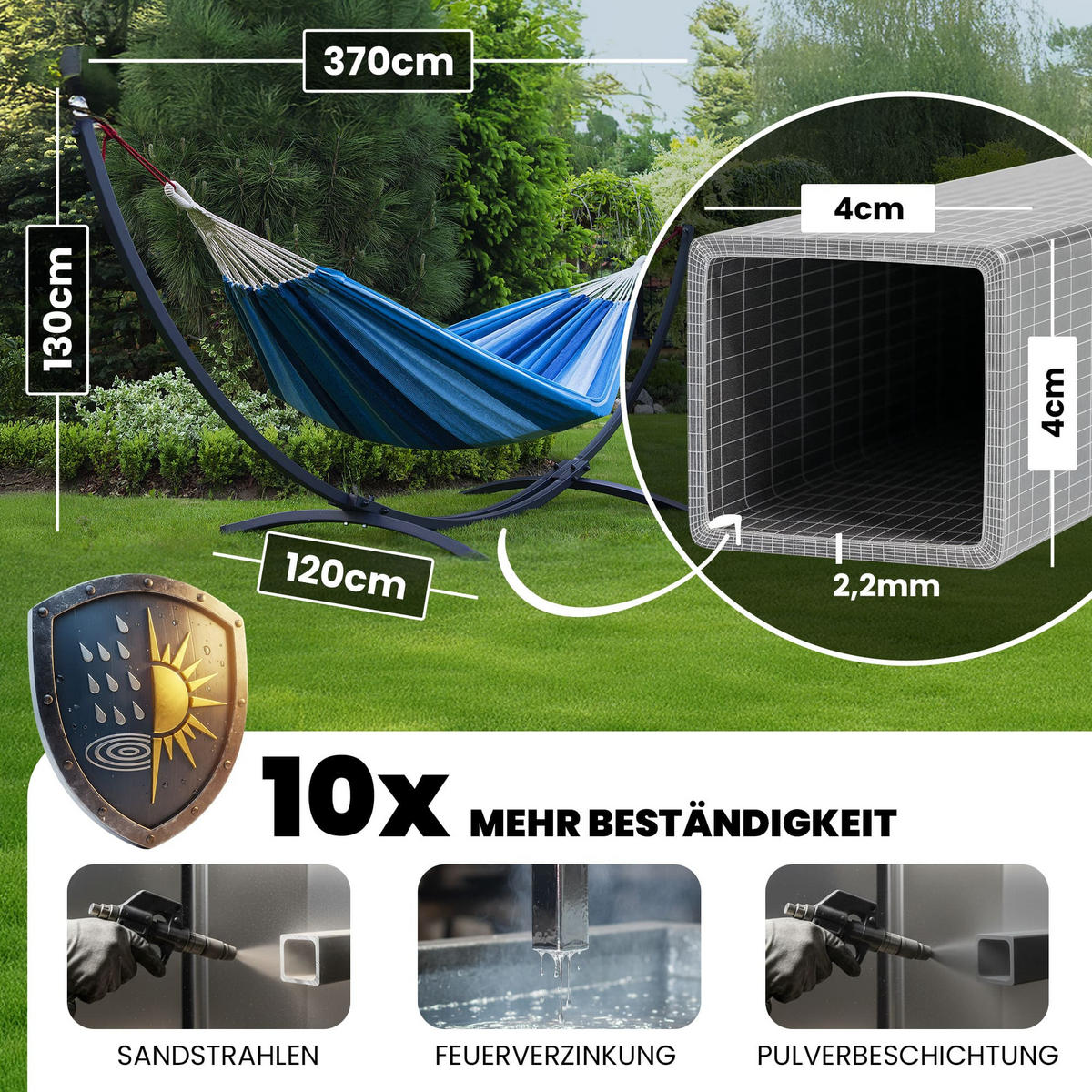 HÄNGEMATTE mit Verzinktem Gestell, 2 Personen, XXL, 200 kg, Metall, Santia Schwarz, einfache Montage - Anthrazit, Metall (370/130/120cm) - Potenza