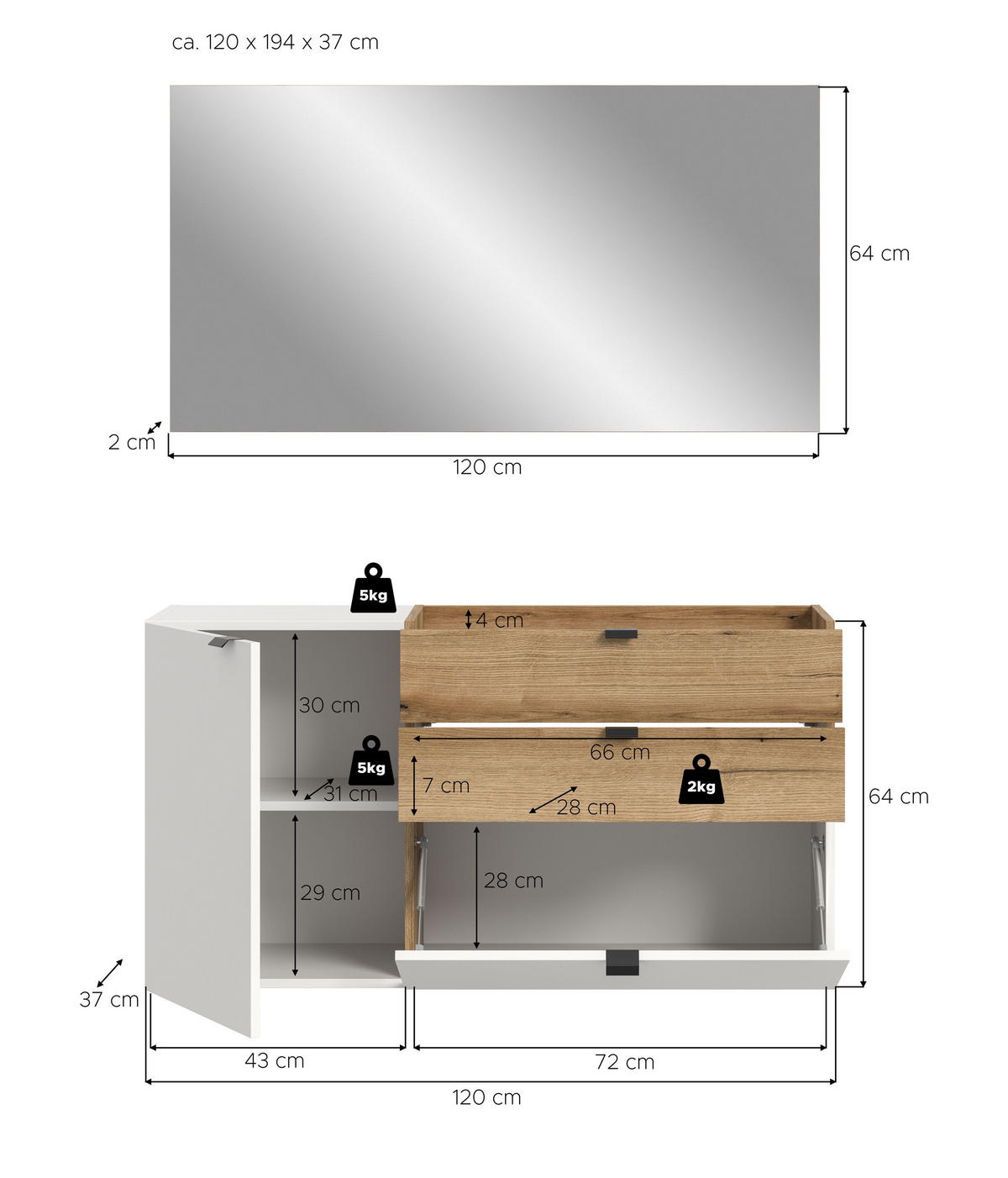 GARDEROBEN-SET NARO 2-tlg. (B/H/T: ca. 120/194/37 cm) in Weiß/weiß - Weiß, Holzwerkstoff (120/194/37cm)