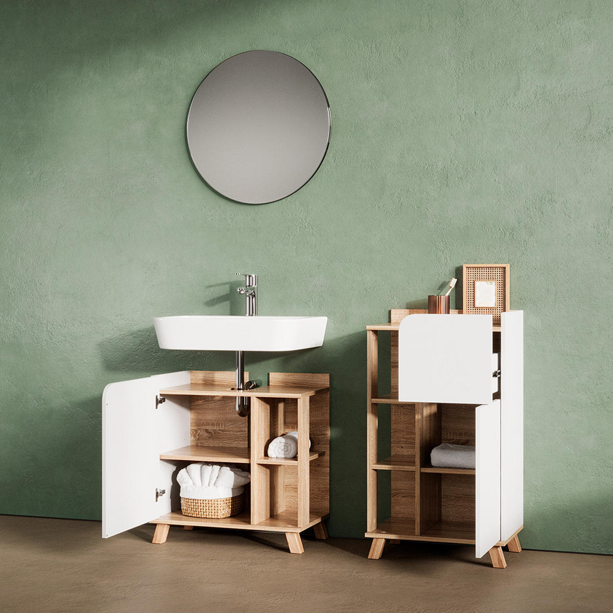 UNTERSCHRANK Marano Sonoma/Weiß 50 x 90 cm mit Tür und Schublade - Weiß/Sonoma Eiche, Holzwerkstoff (50/90/35cm) - Livinity®