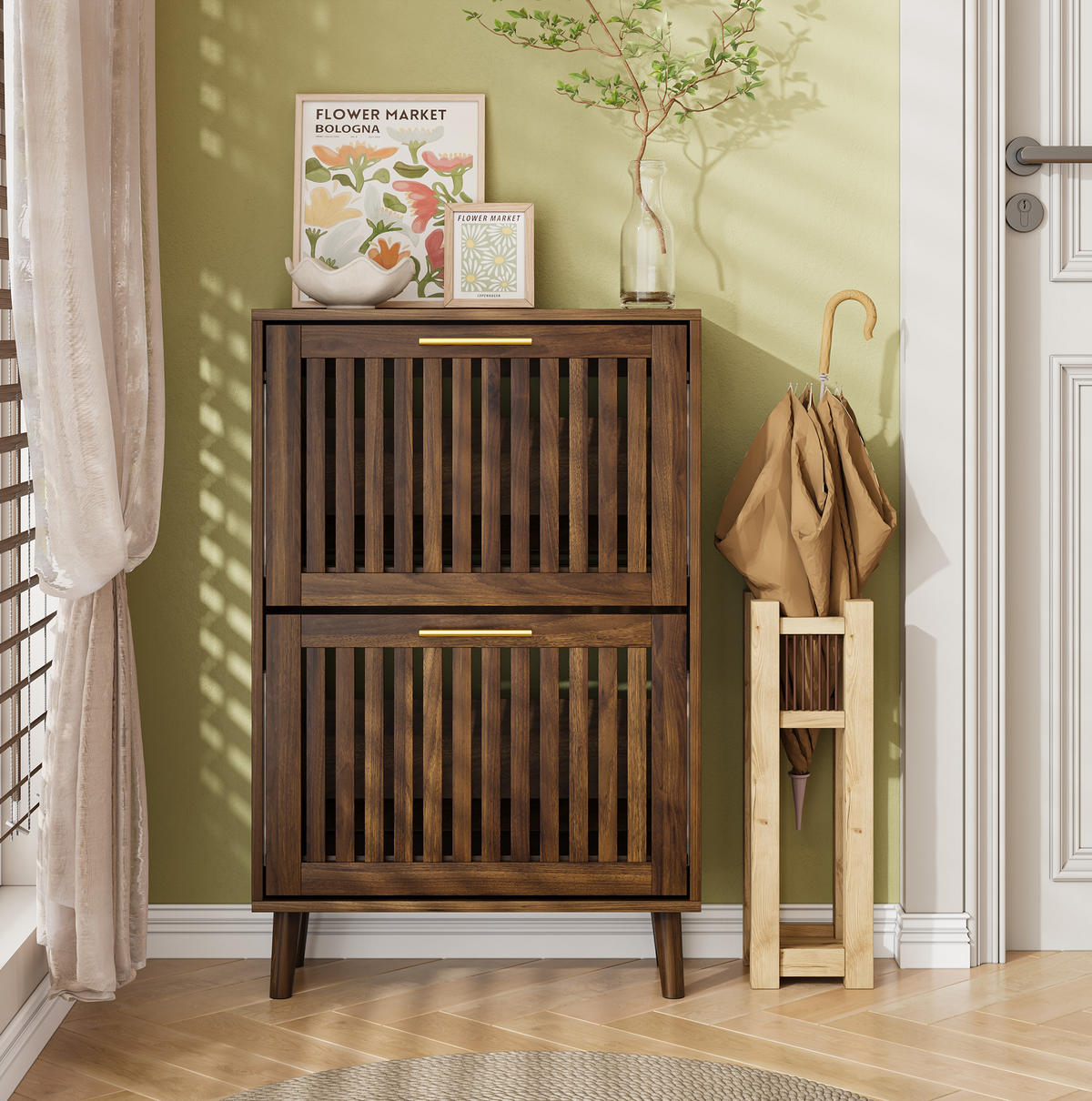 SCHUHSCHRANK mit 2 Klappen in Walnussoptik, schmales Design mit offenem Fach - Walnussfarben, Holzwerkstoff (60/93/24cm) - BEAOK