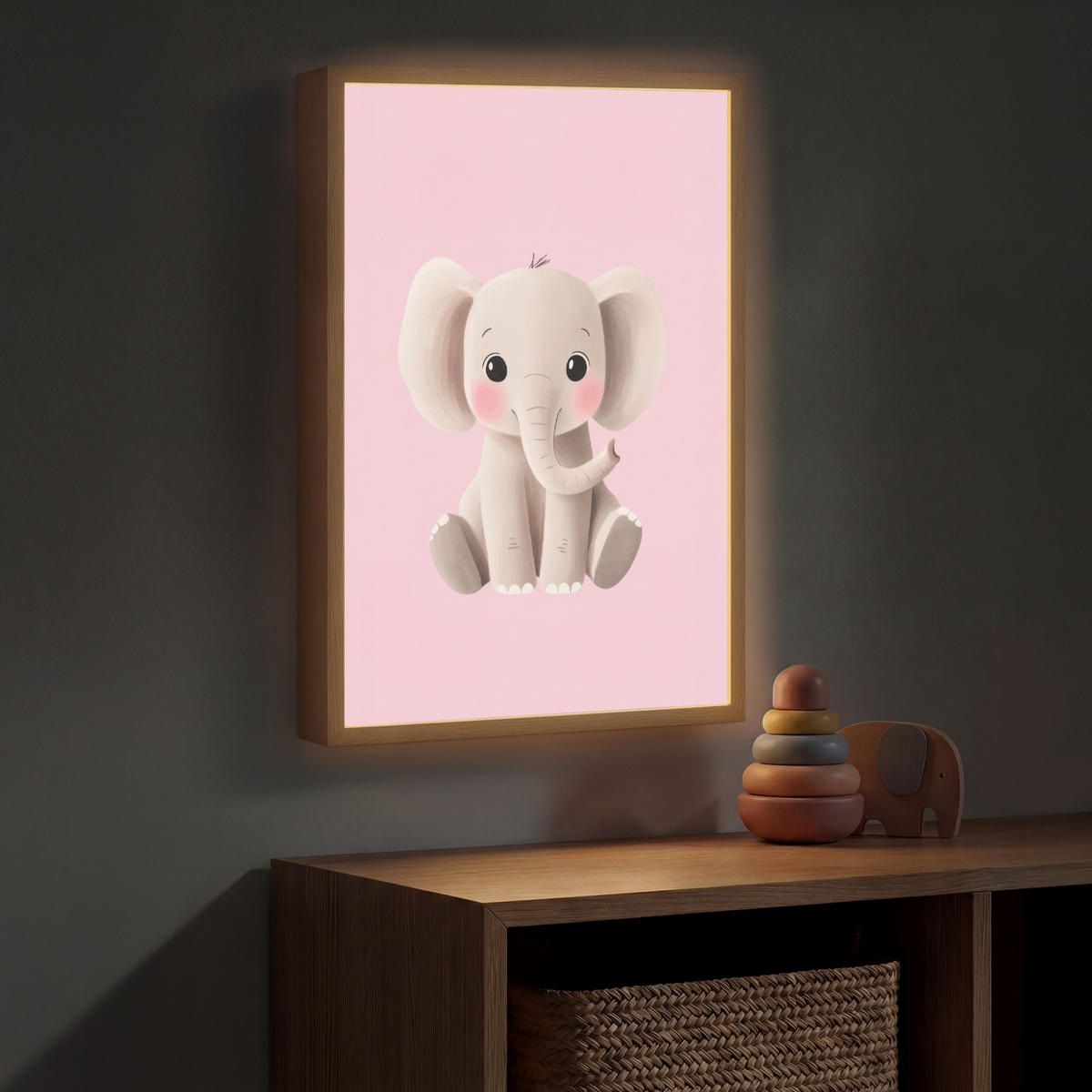 DOBÍJECÍ NOČNÍ LAMPIČKA Slon - Dítě - Růžová - Kreslený film 40x60 cm - růžová, kompozitní dřevo (8/40/60cm) - OnlyWow