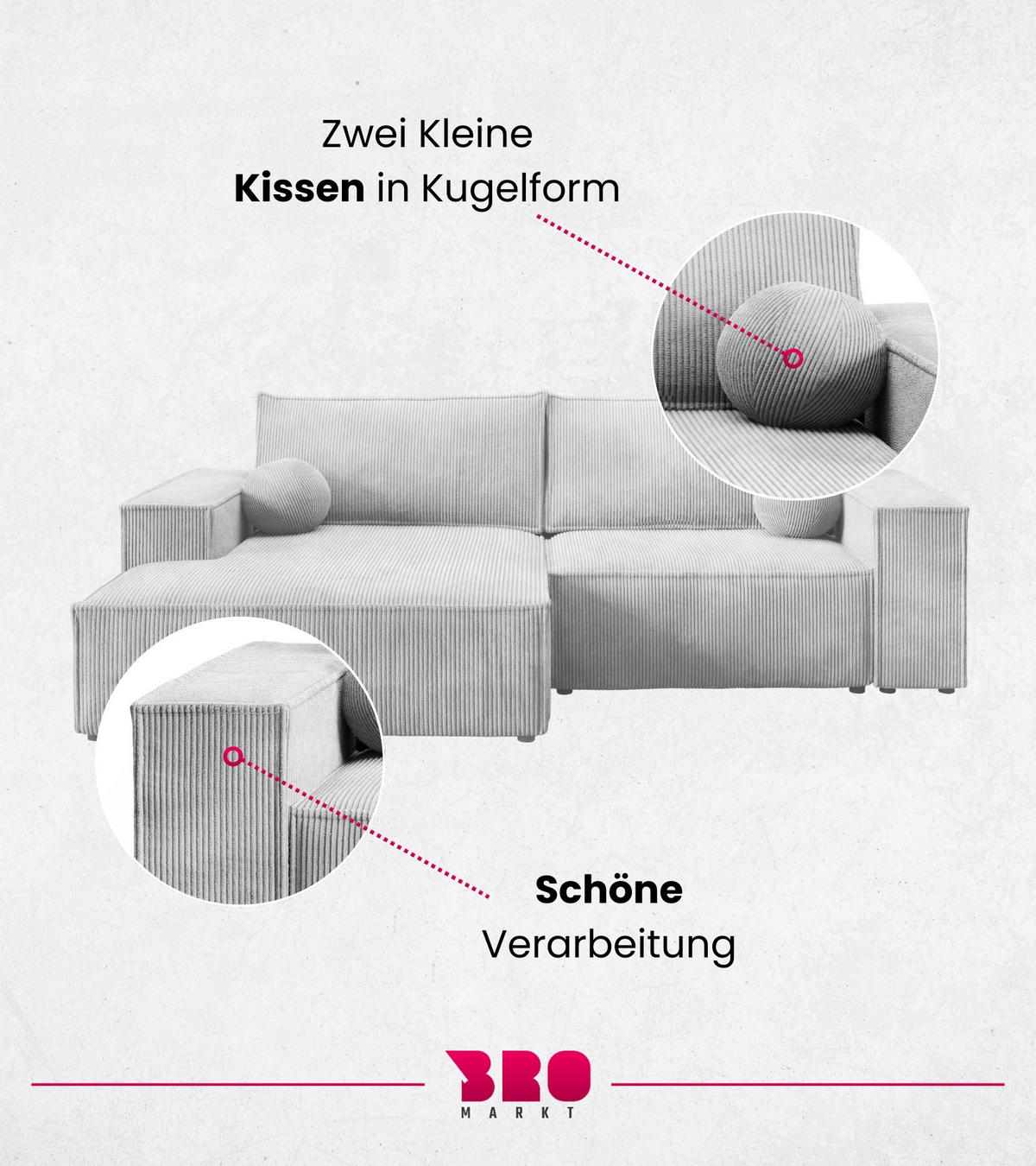 ECKSOFA Pablo Mini mit Schlaffunktion Hellgrau Cord - Hellgrau, Textil (255/148cm) - Bromarkt