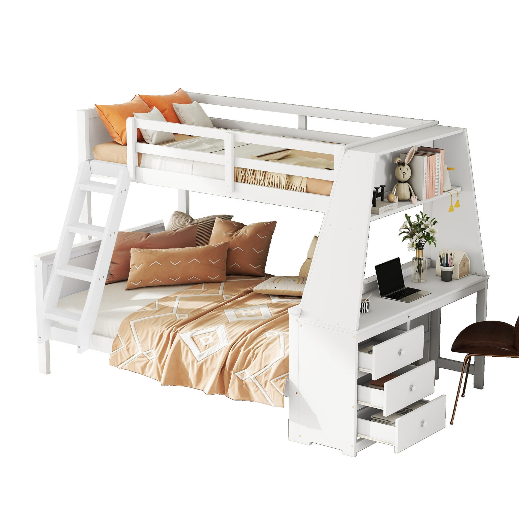 ETAGENBETT 90/200 cm + 140/200 cm mit Schreibtisch, Bücherregal und Stauraum aus Massivholz, Weiß - Weiß, Holz (90/200cm) - Redom