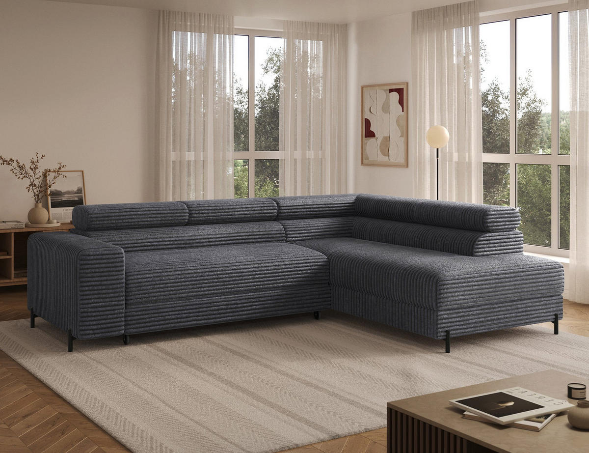 ECKSOFA COLESIO L-Form, Schlaffunktion, Bettkasten, verstellbare Kopfstützen, Wellenfederung, Metallfüße, breiter Cordstoff - Anthrazit/Schwarz, Kunststoff/Metall (204/269cm) - Wohnideebilder