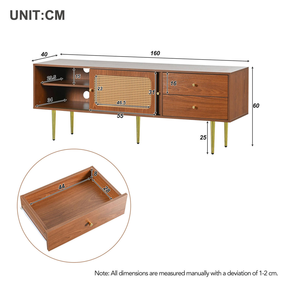 TV ormarić 160/40/60 cm orah od MDF-a s kliznim vratima od ratana i 2 ladice - bijela, drvni materijal (160/60/40cm) - OKWISH
