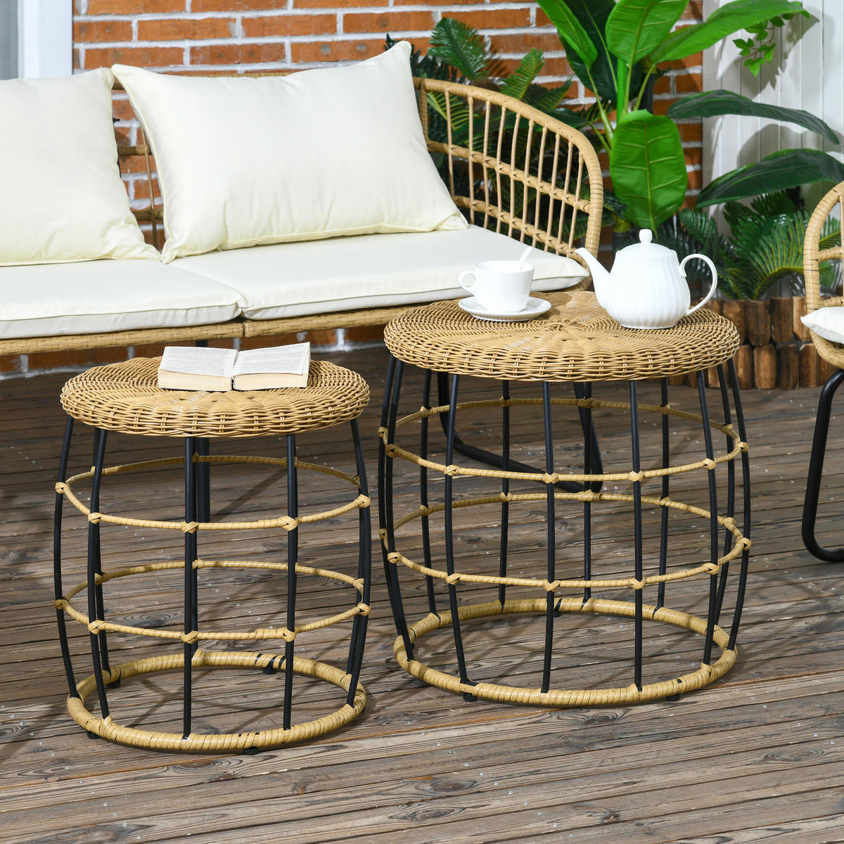 RATTAN Beistelltisch 2er-Set, für Garten, Balkon, Stahl, Khaki - Naturfarben, Kunststoff (58/58/53cm) - Outsunny