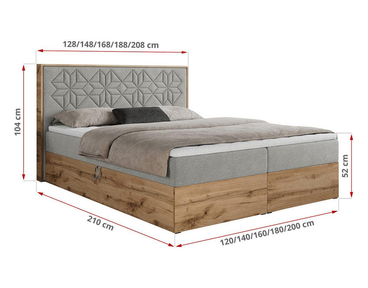 BOXBETT NESSI - 180/200 Hellgrau Struktur - H3 - Hellgrau, Holz/Textil (180/200cm) - MKS
