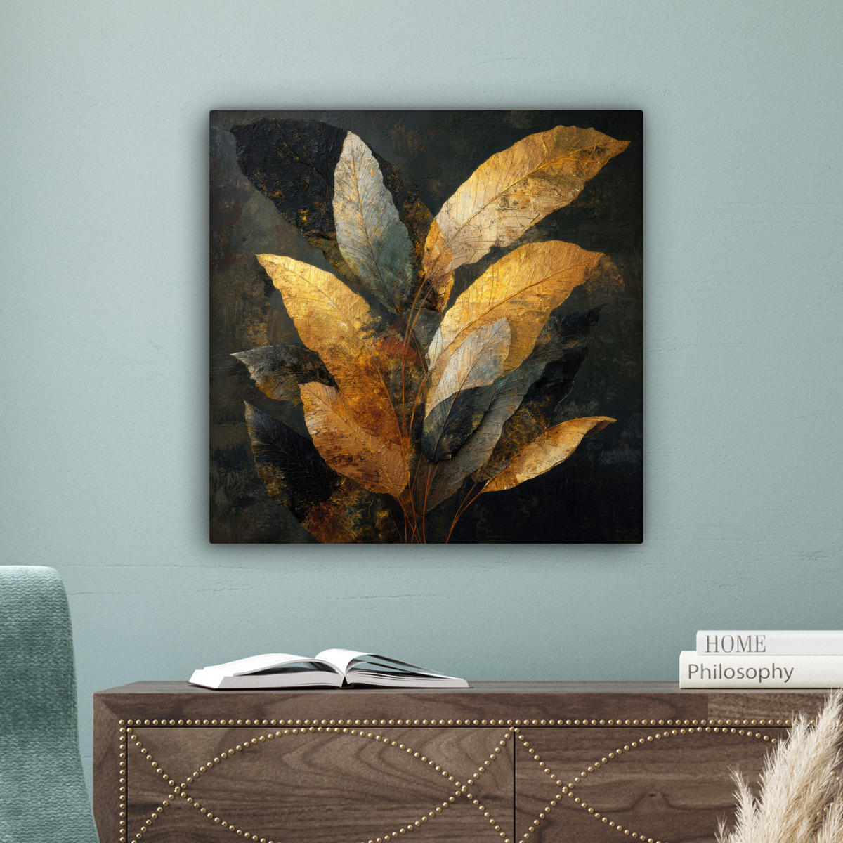 LEINWANDBILD Golden Leaf Komposition - Botanical Luxury Wandbild Wohnzimmer 50x50 cm - Goldfarben/Schwarz, Textil (50/50cm) - MuchoWow