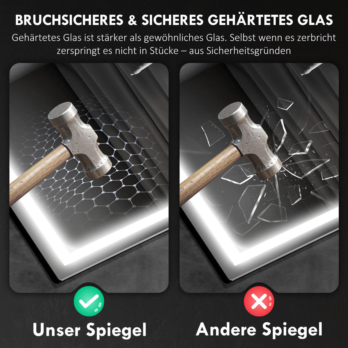 BADEZIMMERSPIEGEL mit LED-Beleuchtung, Anti-Beschlags-Pad, 3 Lichtfarben, Uhr - Silberfarben, Glas (80/3.5/100cm) - HOMCOM