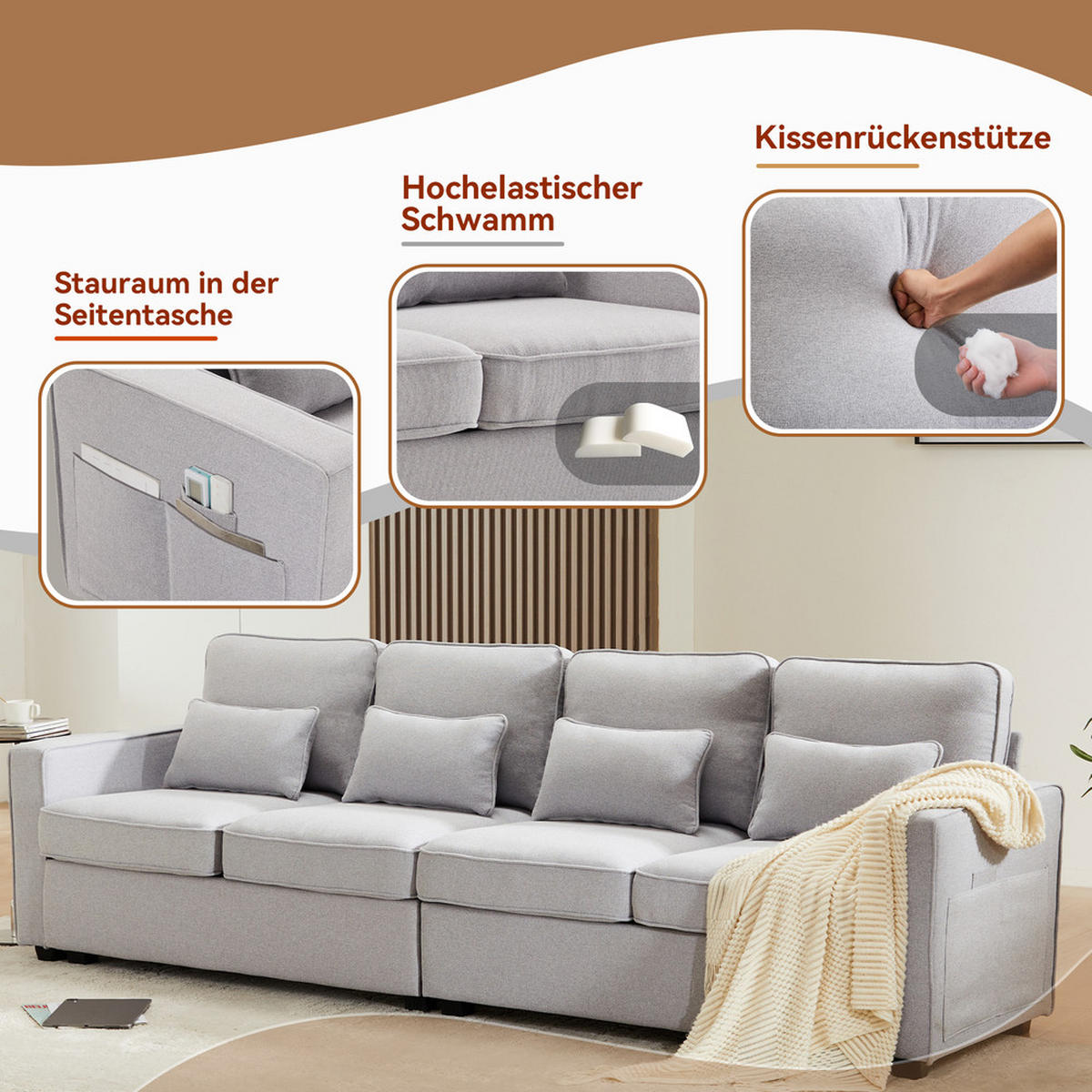 SOFA 4-Sitzer Leinenstoff Armlehnentaschen & 4 Kissen Modern Grau - Grau, Holz (71/27.5/55.5cm) - FLIEKS